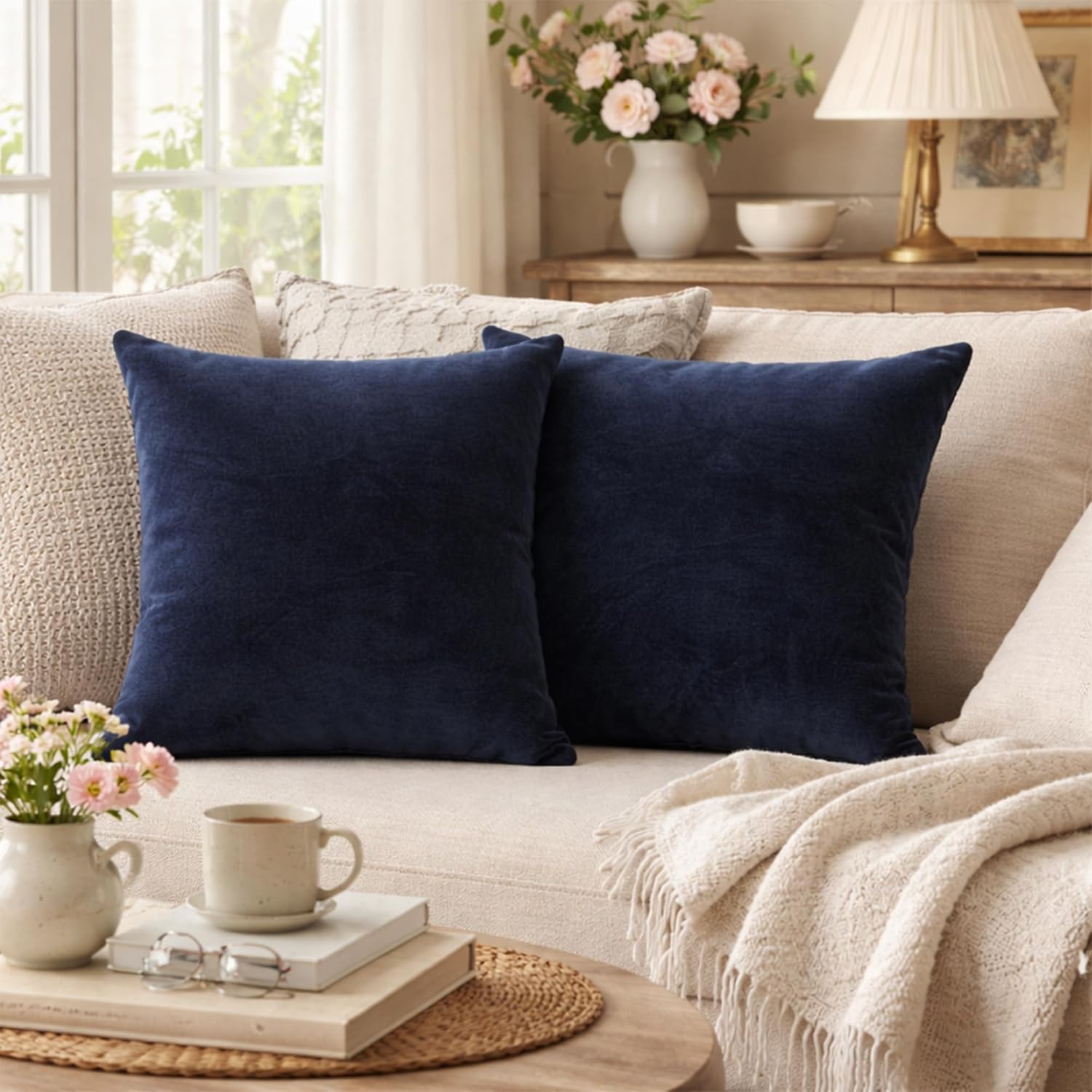 Throw Pillow Covers Navy Blue 18x18 inchs, 2 Pack Velvet Pillow Case Square Decorative Solid Color Cushion Cover Pillowcases for Sofa & Couch, Bedroom, Car, Yard - ONLY Covers