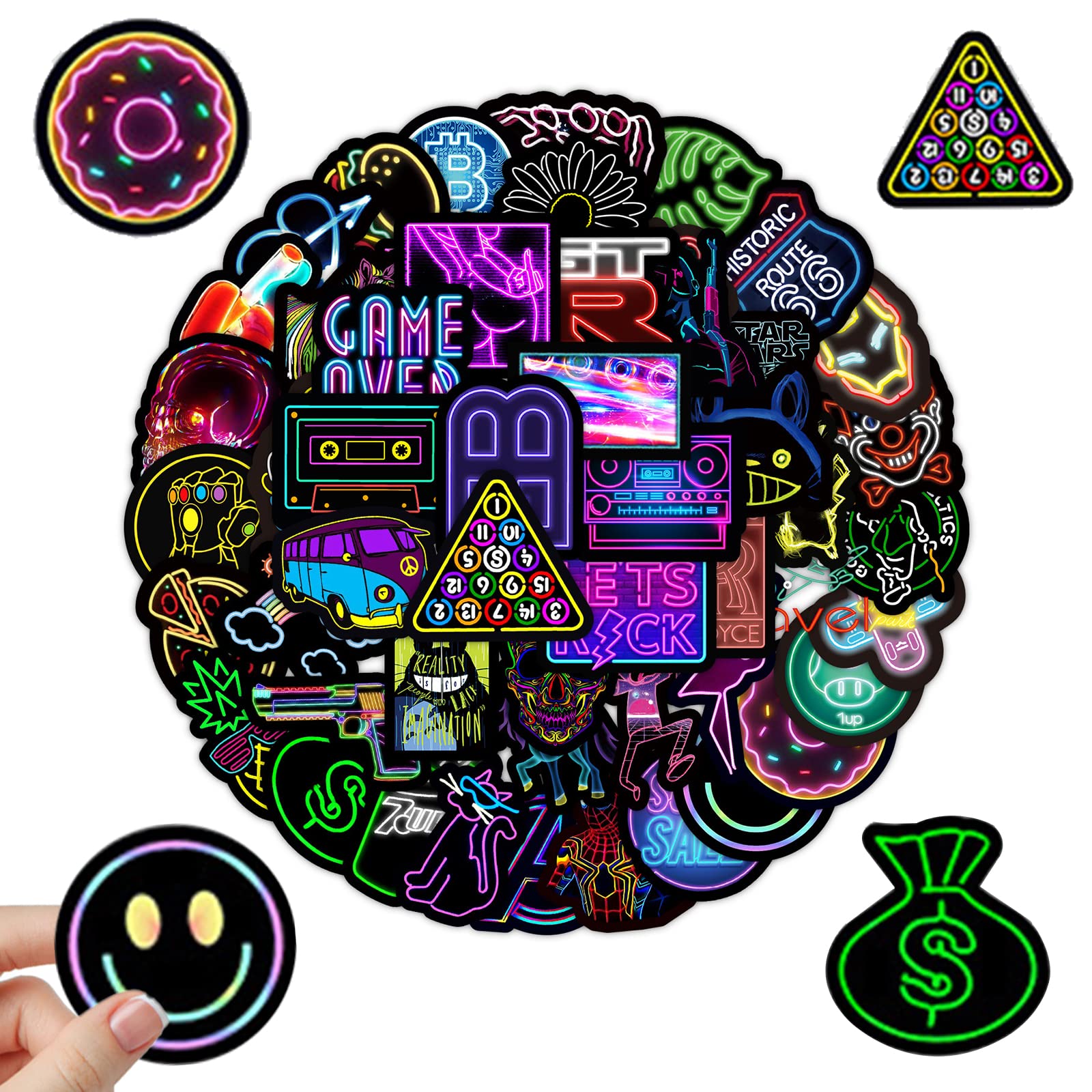 50 Pieces Cool Neon Stickers, Waterproof Vinyl Personalised Decals, Fashion Vintage Pop Art Stickers, Graffiti Stickers for Teens Adult, Skateboard, Luggage, Bicycle, Guitar, Toy