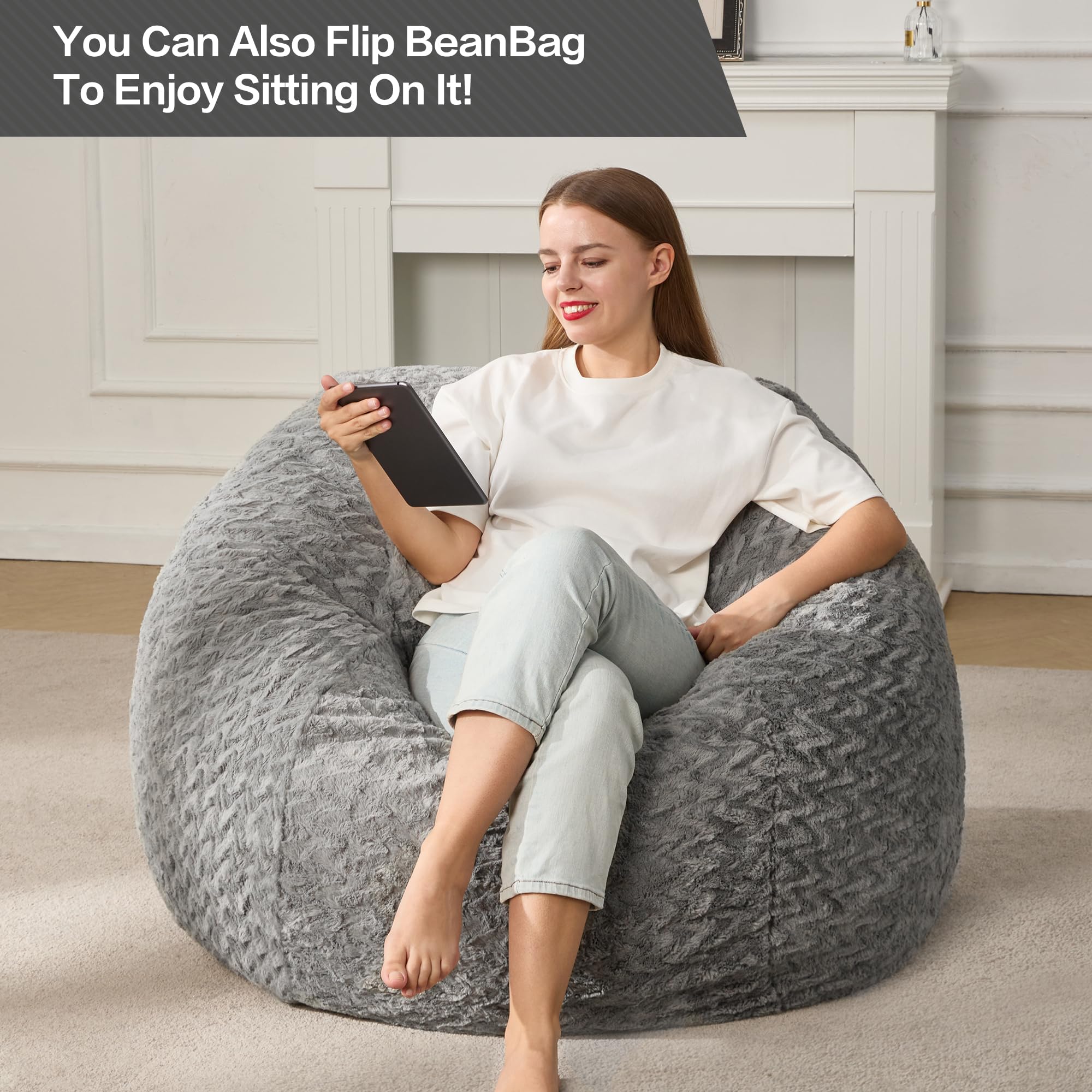 Hobestluk Puf grande para adultos, con funda de piel afelpada cheurón, para sala de estar, dormitorio, oficina (gris, 3 pies)