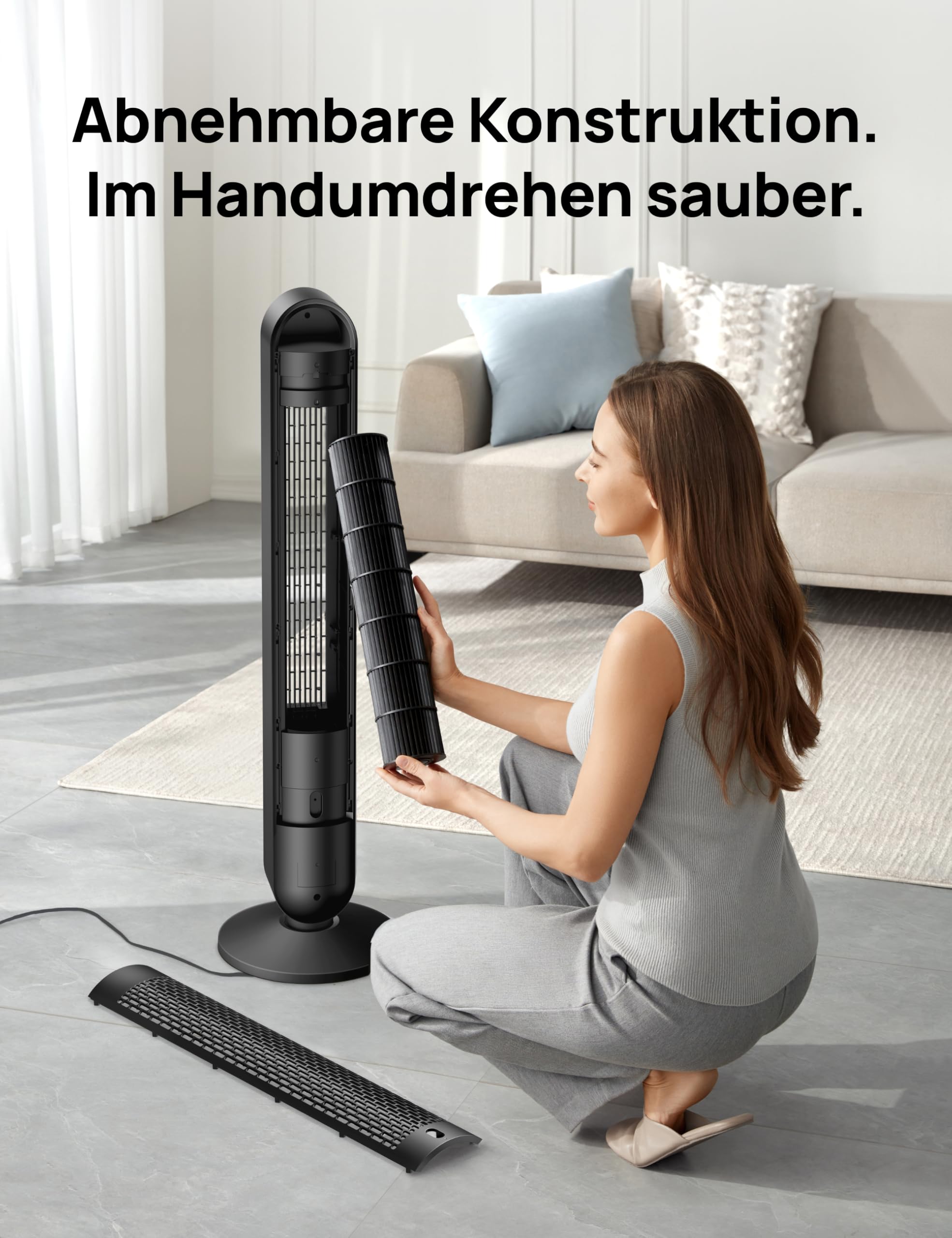 DREO DC Motor Turmventilator Leiser, 11M Windentfernung, 9 Stufen 4 Modi, 90° Oszillierender Standventilator mit Fernbedienung, 12H Timer