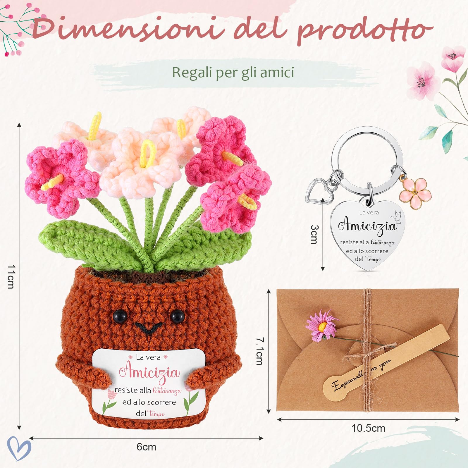 Skylety 3 Regali per Amica Sorella Maestra Piante in Vaso Lavorate a Maglia Portachiavi Biglietti di Auguri con Fiori Secchi Regalo di Ringraziamento per Natale Compleanno