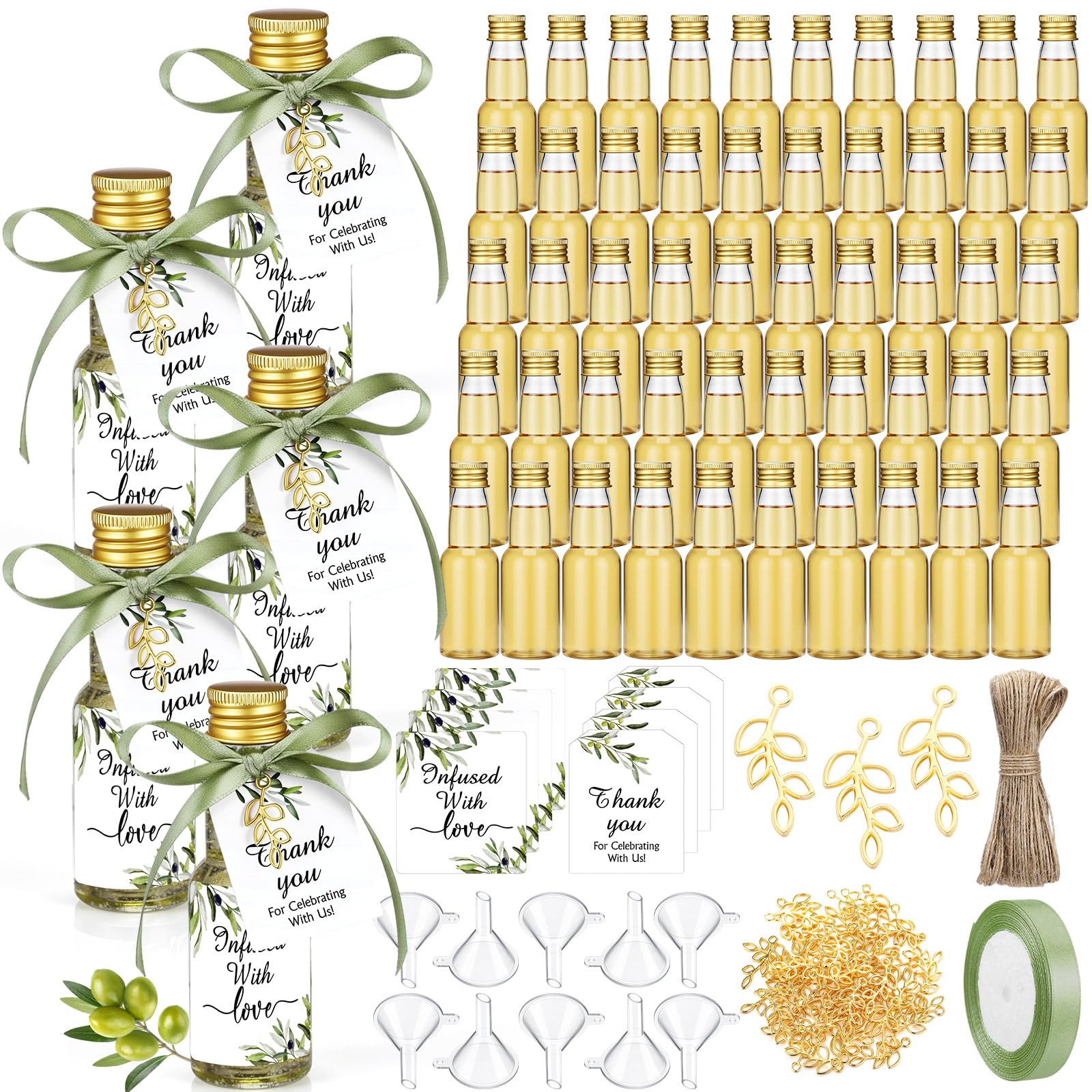 Photo 1 of Suclain 50 Set Mini Olive Oil Favor Bottles 2 oz Small Homemade Olive Oil Plastic Bottles with Caps Funnels and Tags Reusable Containers for Greek Wedding Baby Shower Favors