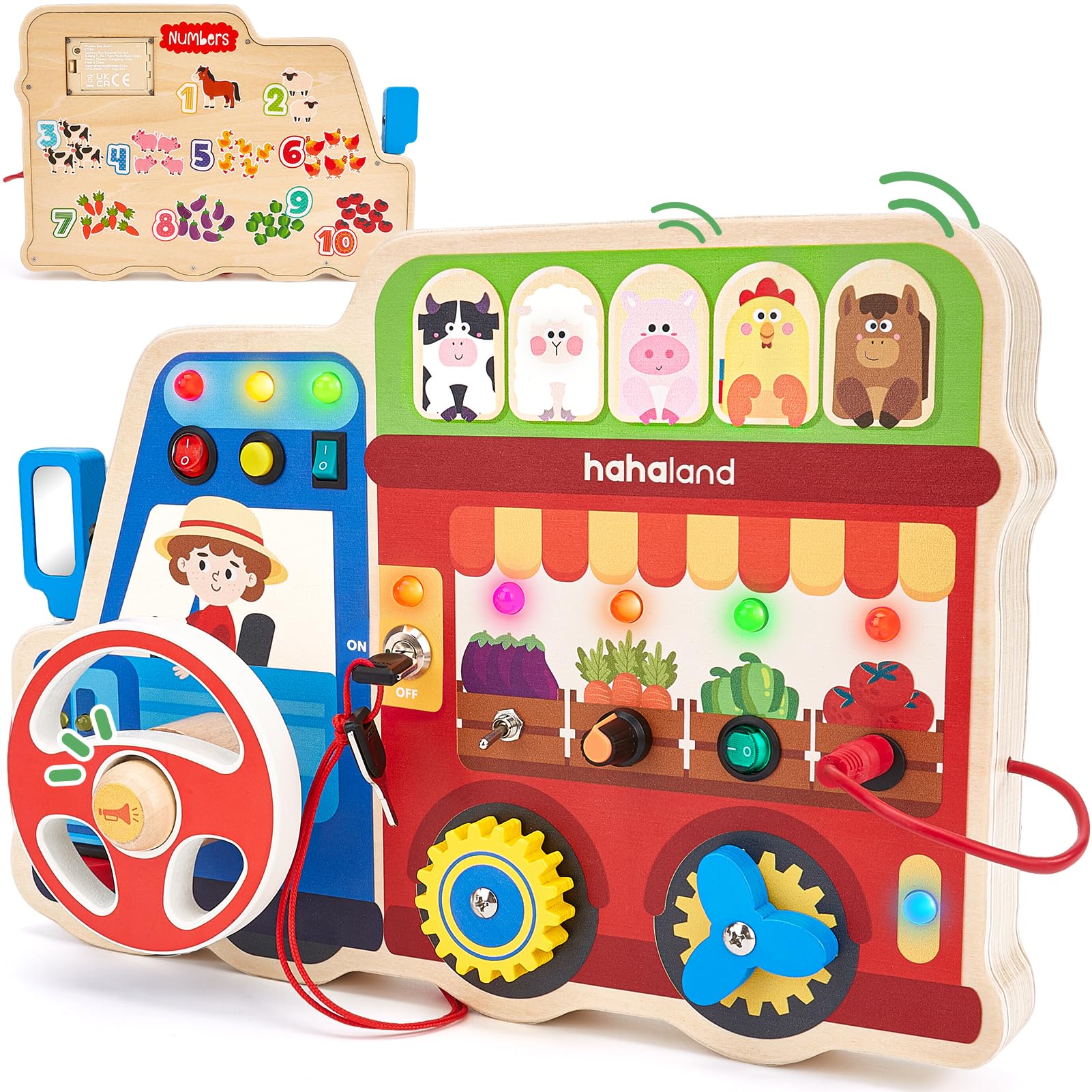 hahaland Baby Montessori Spielzeug Busy Board, Holz Activity Board mit 9 Schalter 11 LED, Tiere, Obst, Musik, Lenkrad, Motorikspielzeug Sensorik Lernspielzeug, Geschenk Jungen Mädch