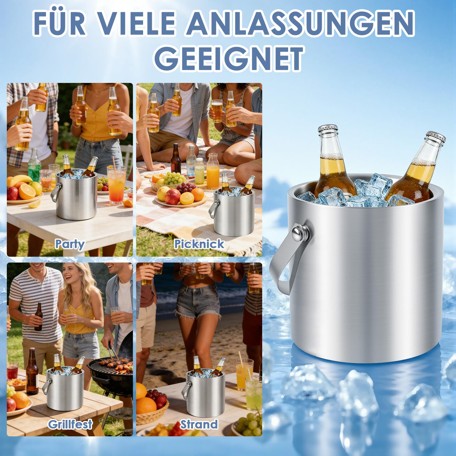 Dreamhigh 2L Eiswürfelbehälter, Edelstahl Eiskübel mit Deckel, Zange, Eisschaufel und Einem Sieb, Hält Getränke 6-8 Std, Eisbehälter für Partys, Riegel, Perfekt zum Abkühlen von Getränken, Bier