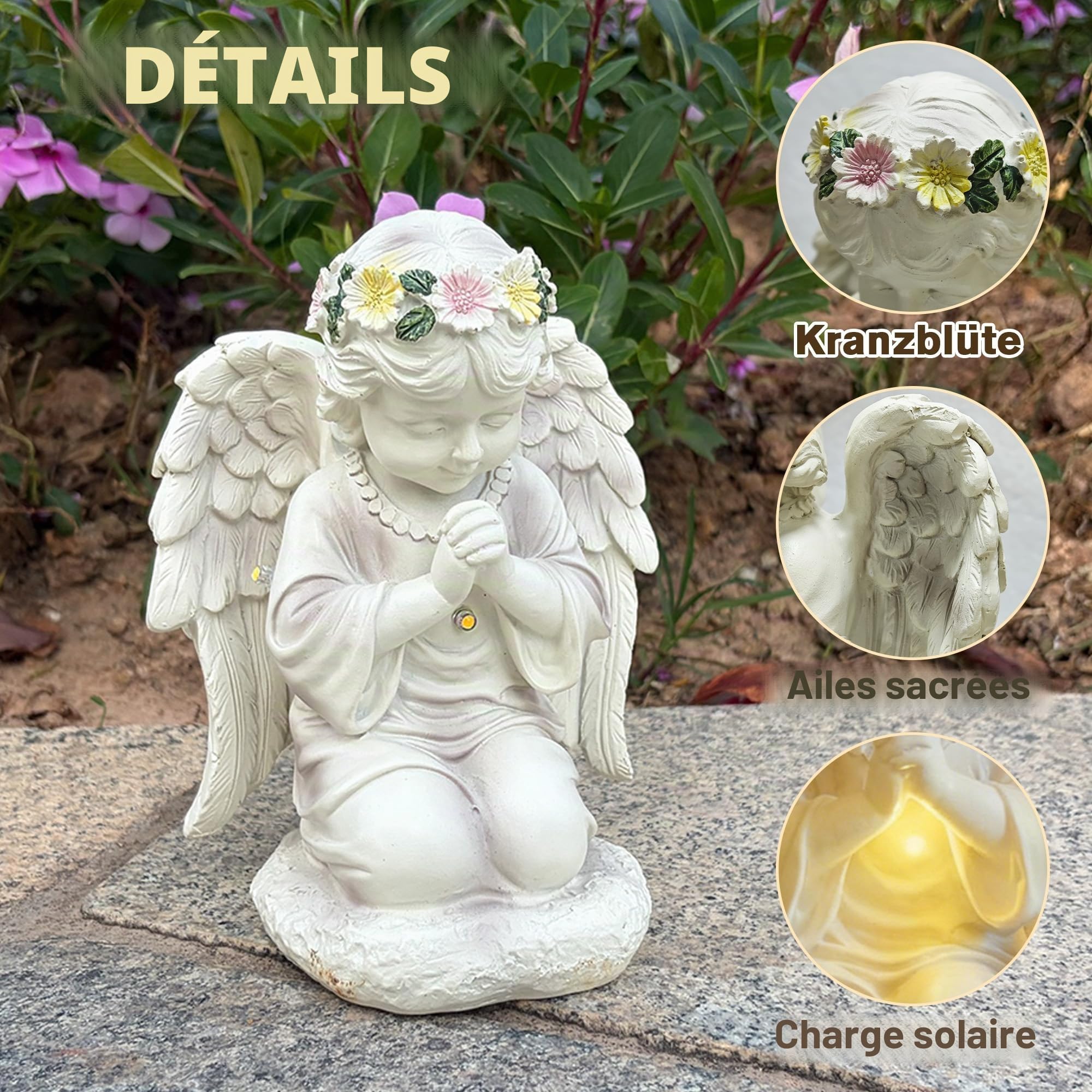 Figurine d'ange solaire pour tombe - Résistante aux intempéries - Statue d'ange gardien à LED de prière avec lumière LED à énergie solaire - Sculpture d'ange féérique - Convient pour les jardins, les