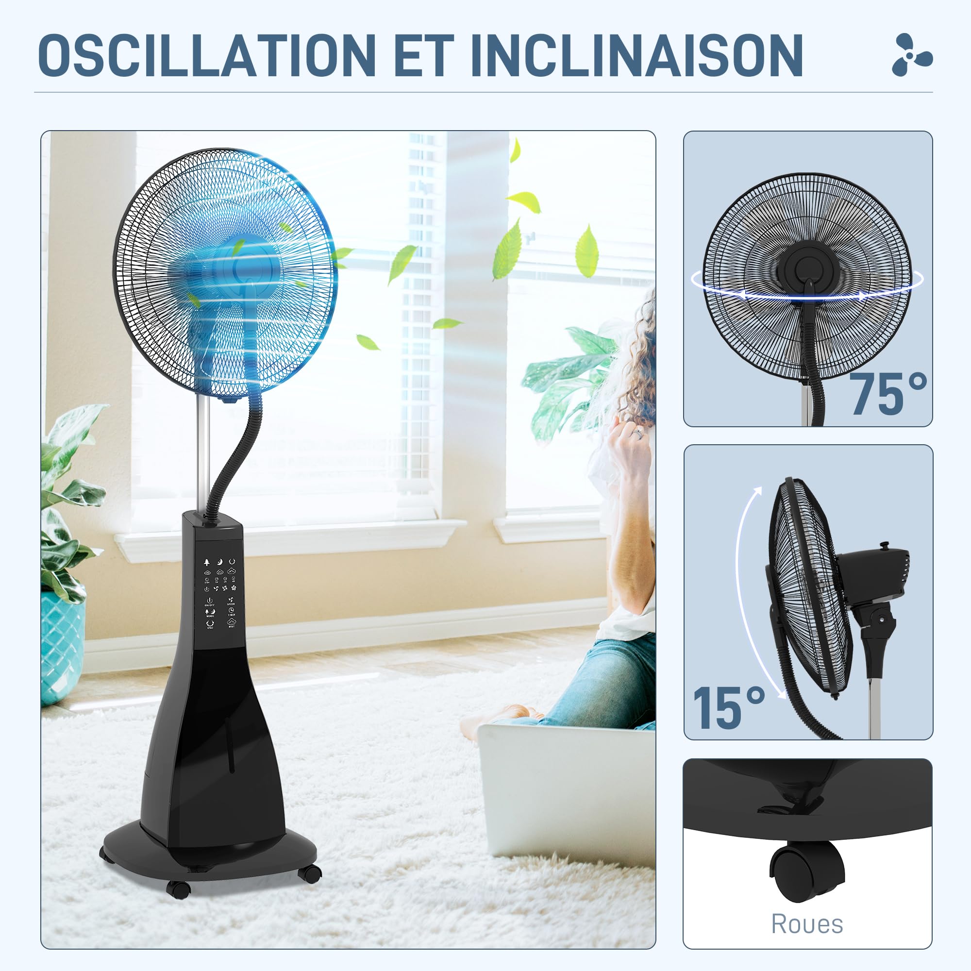 HOMCOM Ventilateur brumisateur sur roulettes ventilateur sur pied 90 W télécommande affichage LED télécommande minuterie 3 modes 3 vitesses oscillant, inclinable réservoir 3L - noir
