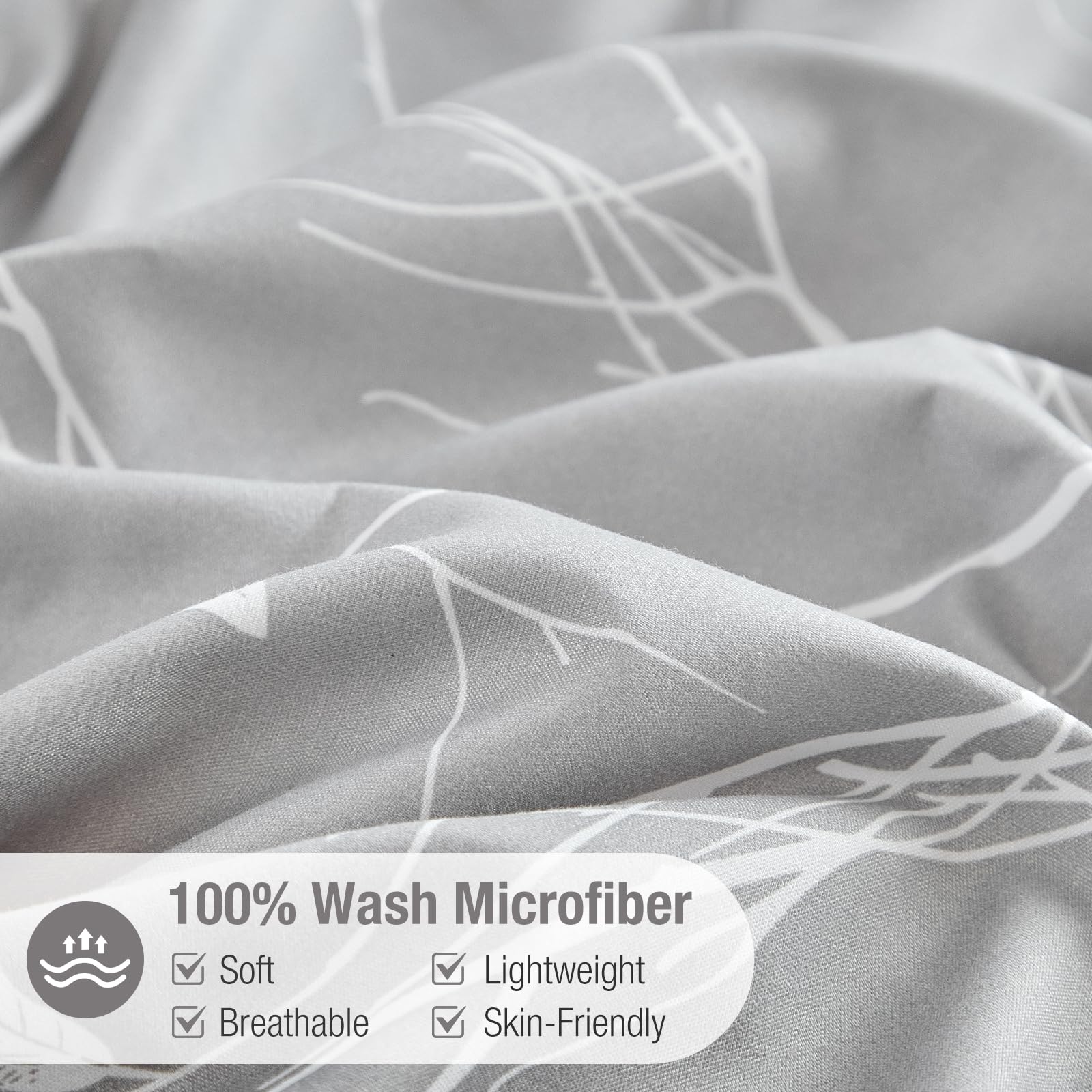 Tokokimo Set Copripiumino Matrimoniale 240x220cm, Copripiumino Matrimoniale 3 Pezzi in Microfibra Con Motivo a Ramoscelli e Foglie, Comprendente 1 Copripiumino 240x220 + 2 Federe 50x80, Grigio/Bianco