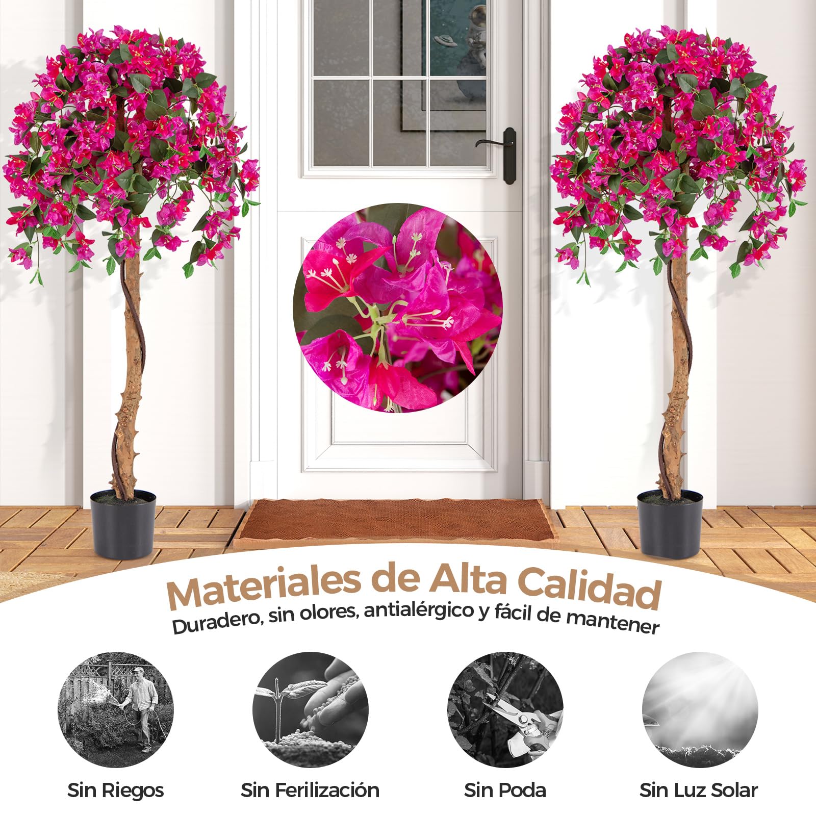 COSTWAY Árbol de Azalea Artificial de 135 cm, Planta Floral de Seda Falsa en Maceta con 576 Flores, 288 Hojas, Tronco de Madera, Césped Falso, Planta Decorativa Alta para Hogar, Oficina (2)
