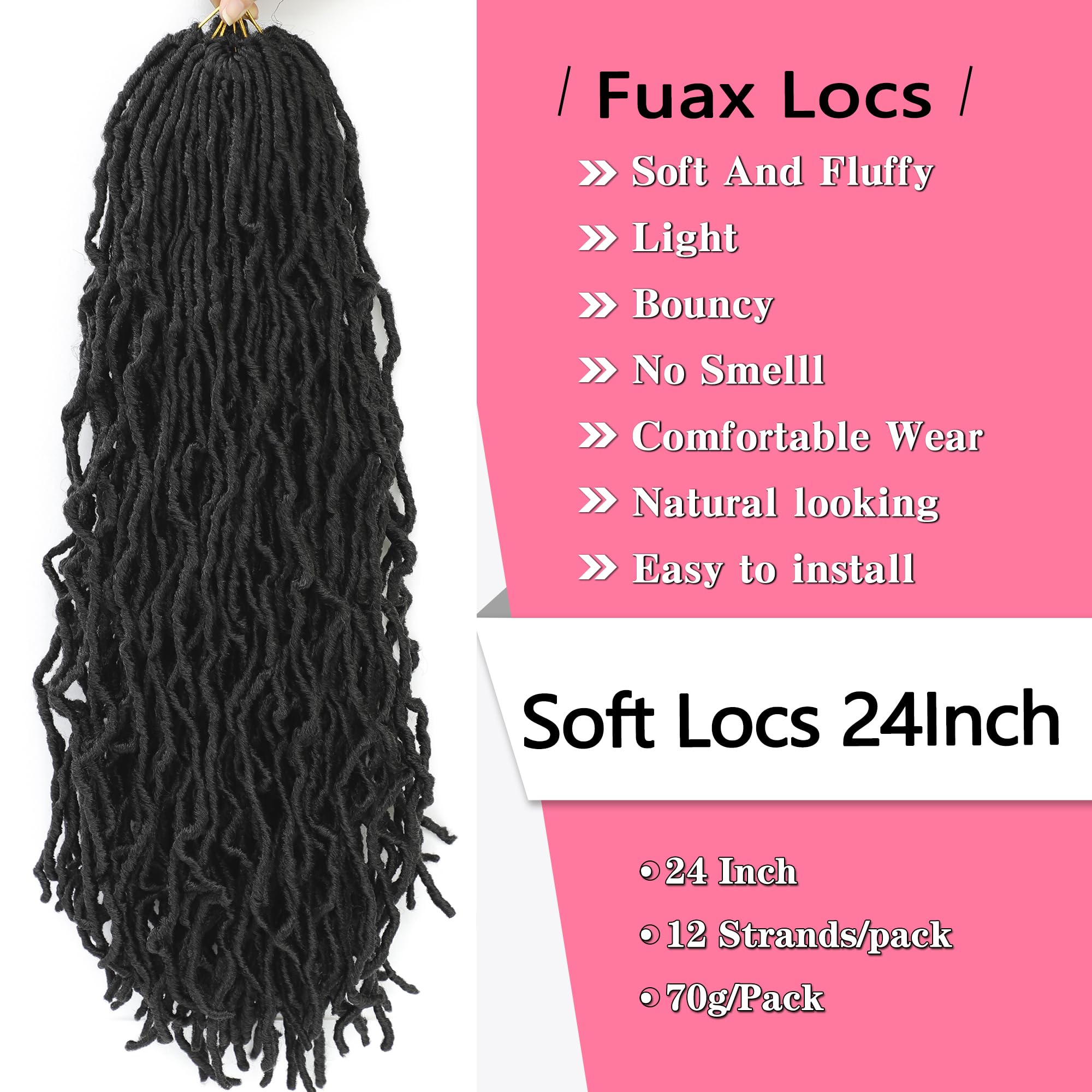 24 Inch Soft Locs Crochet Hair Pre Looped 6 Packs Faux Locs Braids Dreadlocs For Black Women (1B, 24 Inch) - Image 2