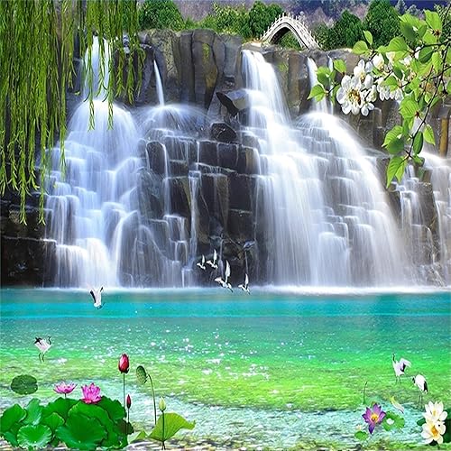 Mural de pared estéreo 3D de cascadas, paisaje natural, hojas de loto verde, ramas de sauce, flores y pájaros, papel tapiz mural, calcomanías