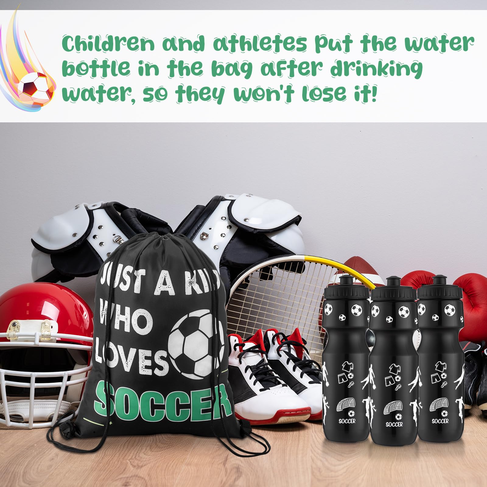 12 piezas de regalos de fiesta de fútbol de 24 onzas botella de agua de regalo de fútbol con bolsa de cordón, bolsas de regalo para equipos deportivos, decoración de cumpleaños 6