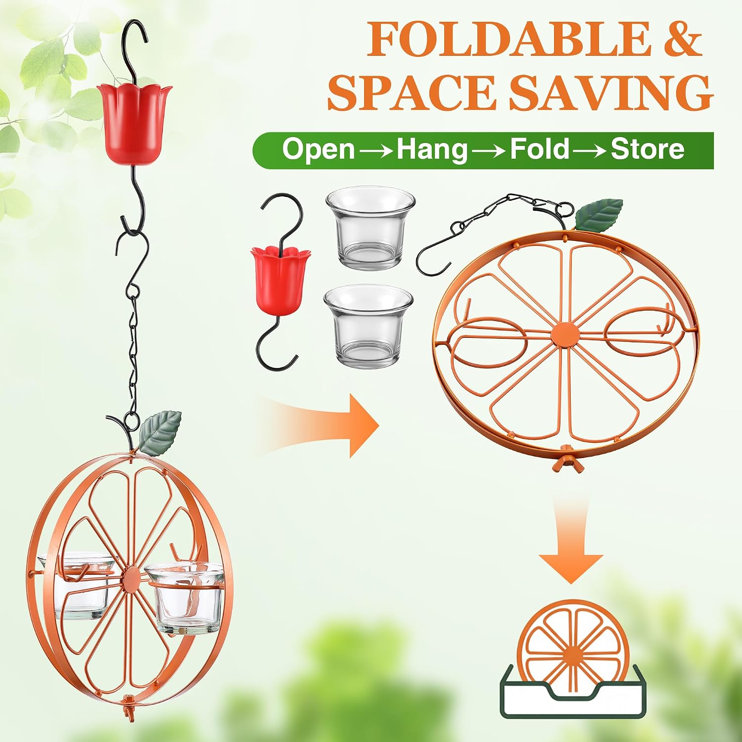 Oriole Feeder with Jelly Cups and Orange Holders, Oriole Bird Feeder for Outdoors Hanging, Foldable Orange-Shaped Jelly Feeders with Glass Bowls for Grape Fruit(2 Pack)