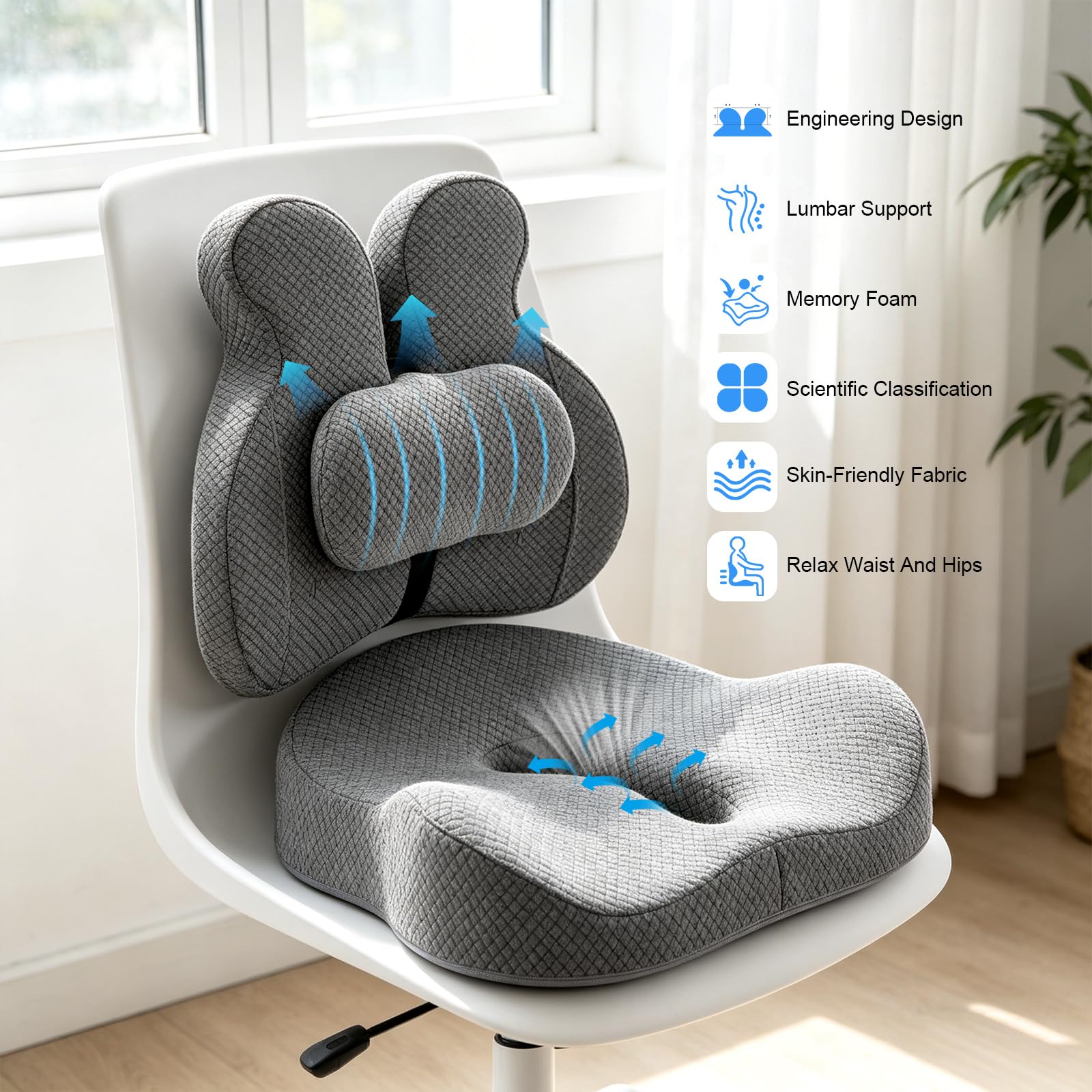 Cuscino ortopedico 3 in 1 per auto, con supporto lombare e cuscino per coccige, in memory foam ergonomico, traspirante, assorbe il sudore, antiscivolo, per sedia da ufficio e gaming
