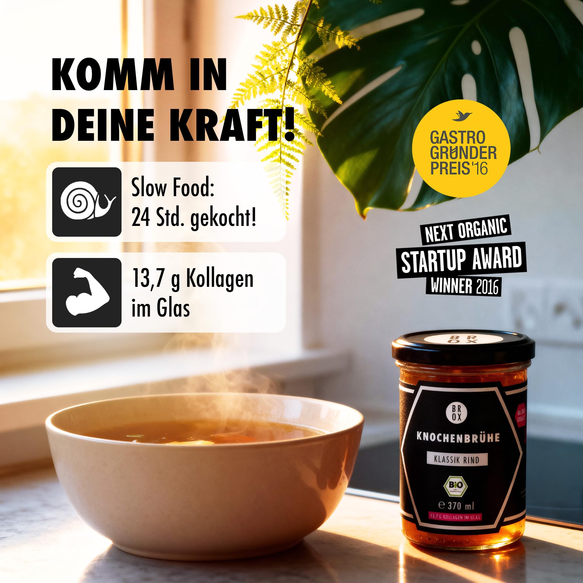 BROX Knochenbrühe Rind Bio 6x370ml – 24 Std. gekocht – Kollagen & Aminosäuren – Rinderbrühe aus Weidehaltung