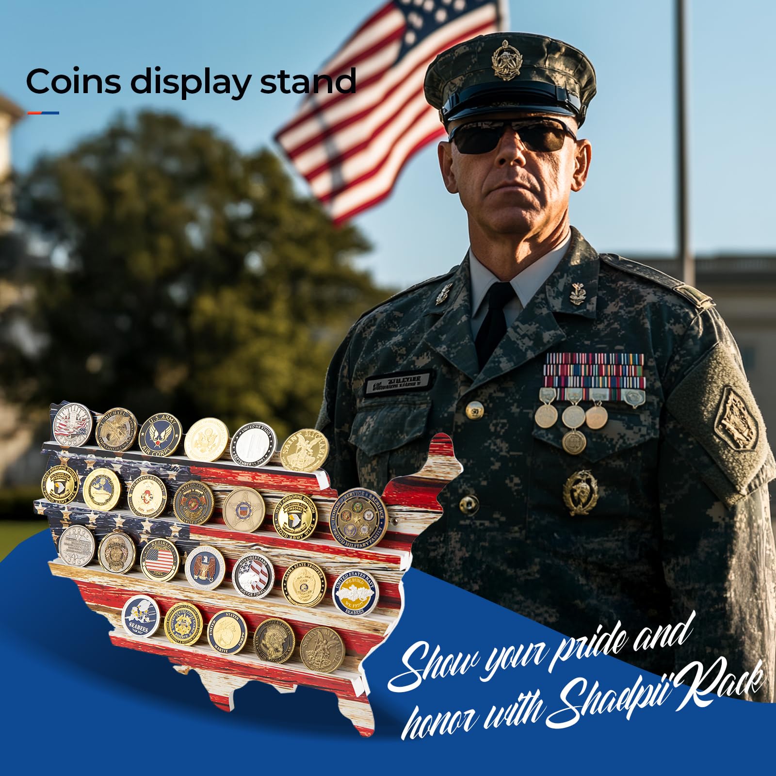 ShaelPii Wall Mount Challenge Coin Holder Display,Flag Military Coin Shelf Wood Rack for Army Firefighter Police Navy Marines Veterans Medal Badge Collector,Patriotic Décor