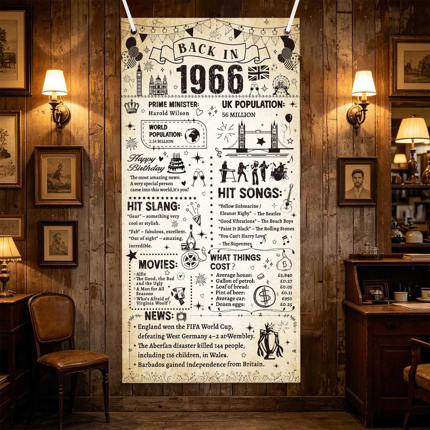 Eiapadeor 60th Birthday Decorations Banner - 60th Happy Birthday Banner Cover with Newspaper Vintage Style for Men Women, Back in 1966 Party Decorations for Celebration