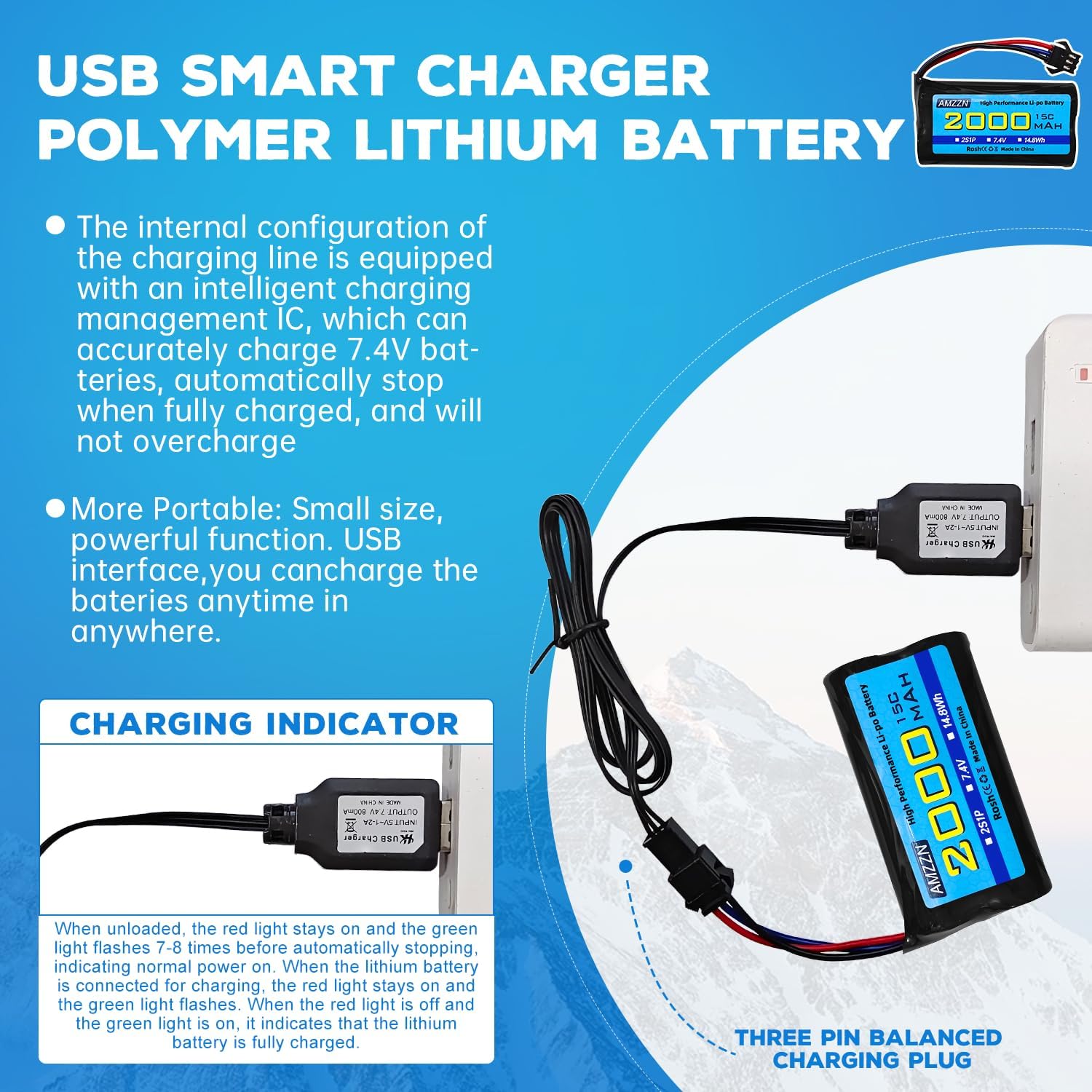2PCS 7.4V 2000mAh 15C 2S SM-3P Plug Lipo Battery with USB Charging Cable for DE43 DE60 9500E 9309E RC Car Truck Huina 1575 RC Engineering Vehicle RC Toy Car (2PCS Battery+2USB)