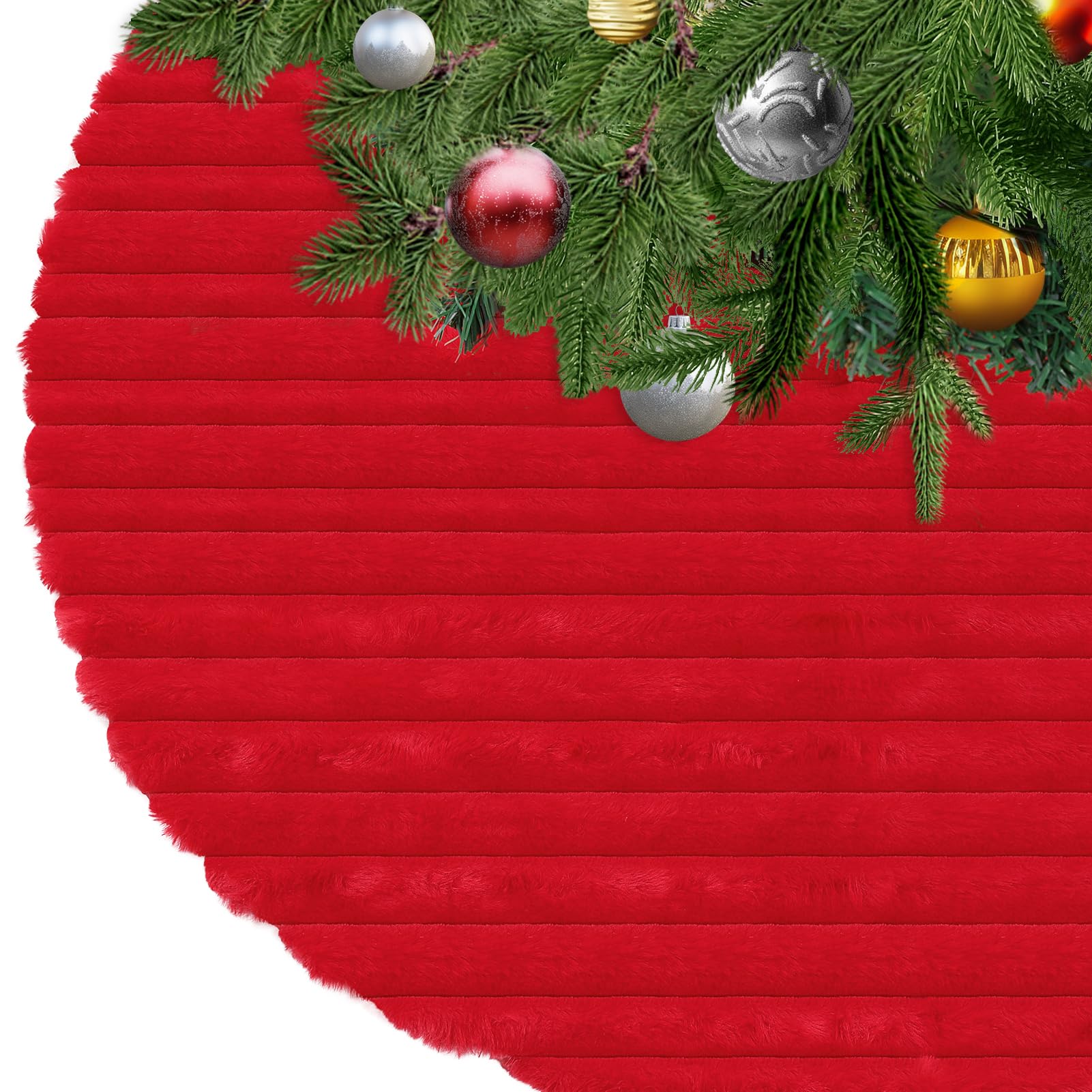 KONVINIT Christmas Tree Skirt - Festive Xmas Tree Skirt Red Plush - 3 Sizes Christmas Mat with Soft Fluffy Border - Heavy Duty Xmas Tree Decoration Skirt for Holiday Decor