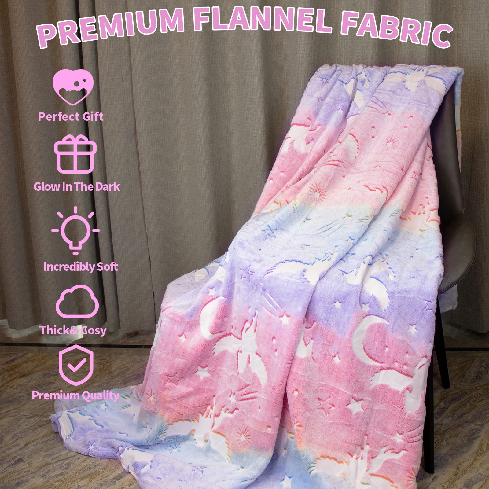 HSGLGNA Coperta per bambini, con unicorno, luce al buio, morbida coperta in flanella, per ragazzi e ragazze, divano (unicorno 04, 150 x 200 cm)