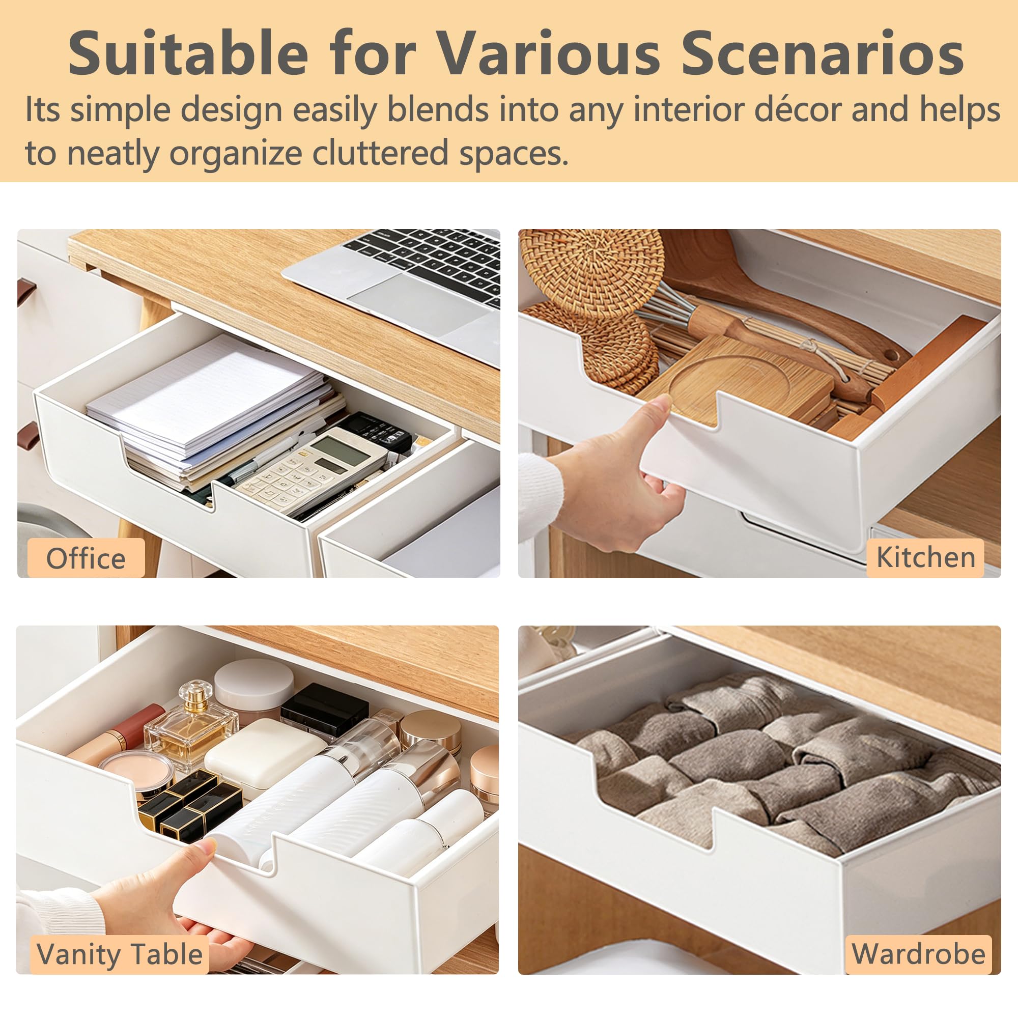 Boîte de rangement autocollante sous meuble pour bureau, école, cuisine (blanc)