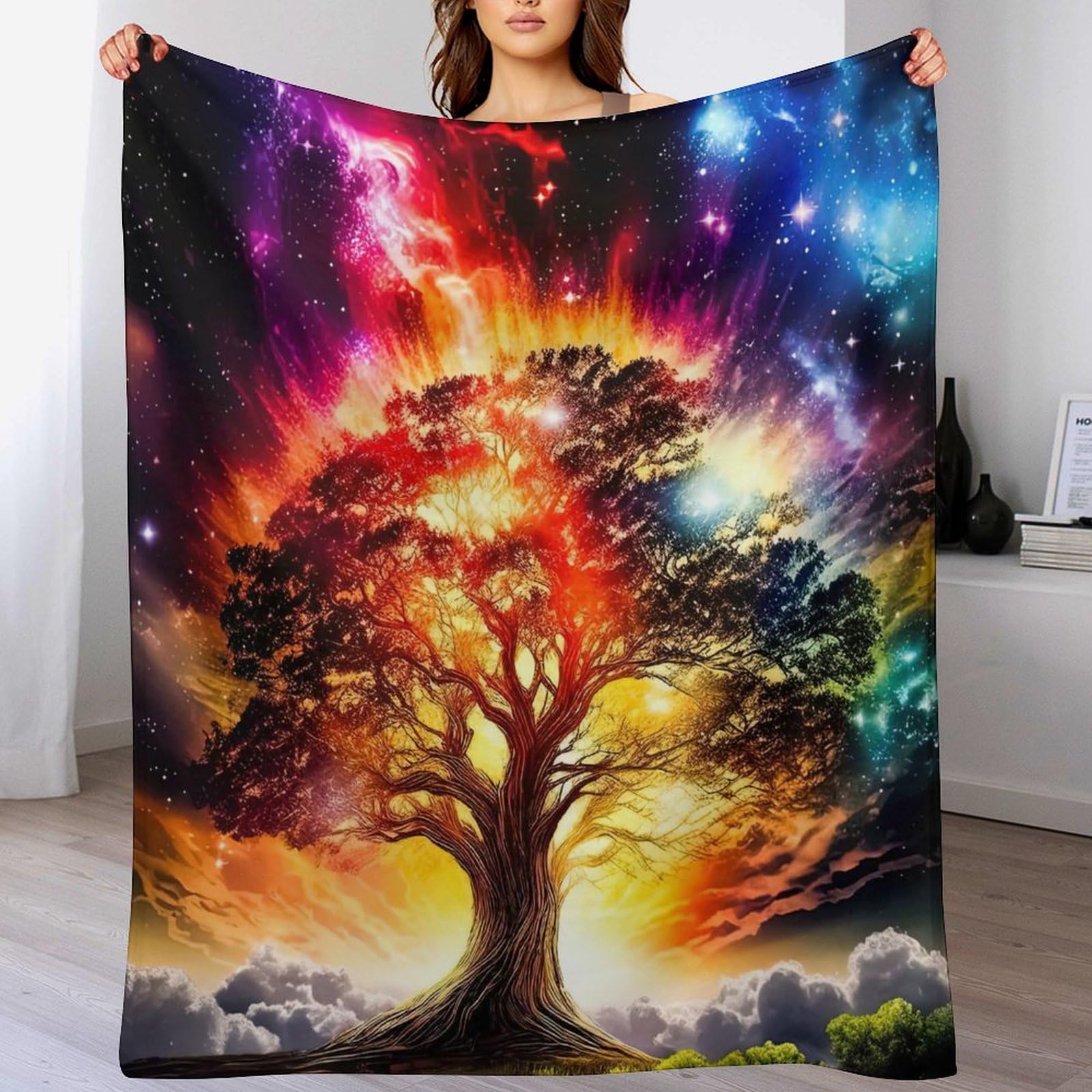Luxury Plush Cosmic Tree of Life Throw Blanket, Tipped Blanket, Super Warm, Flannel, Elegant, Fluffy Decoration Blanket for Sofa, Armchair, Couch And Bed,（180×200cm）