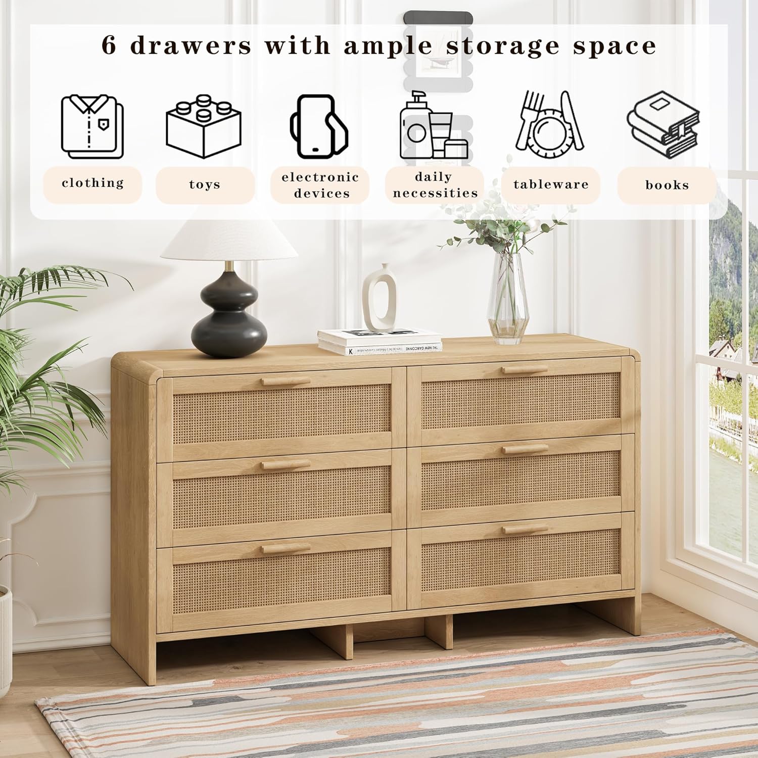 Rattan Dresser for Bedroom, 51'' 6 Drawer Dressers, Boho Chest of Drawers with Arc Shaped Corner, Modern Wood Closet Dresser, Clothes Cabinet Beside Table for Living Room, Hallway, Natural