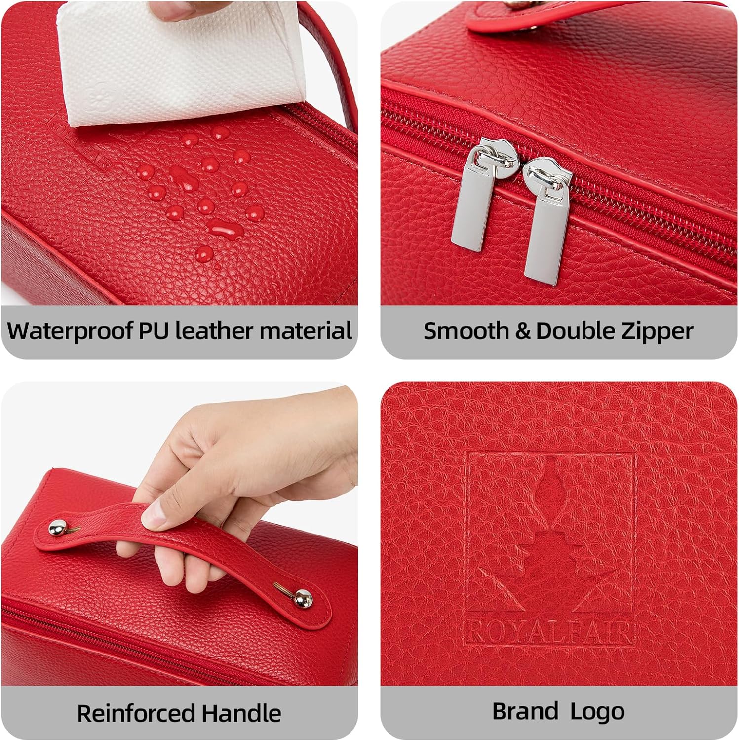 ROYALFAIR Travel Makeup Bag,Large Capacity Cosmetic Bags for Women, PU Leather Waterproof Portable Pouch Open Flat Toiletry Bag Make up Organizer with Divider and Handle (red) - Image 5