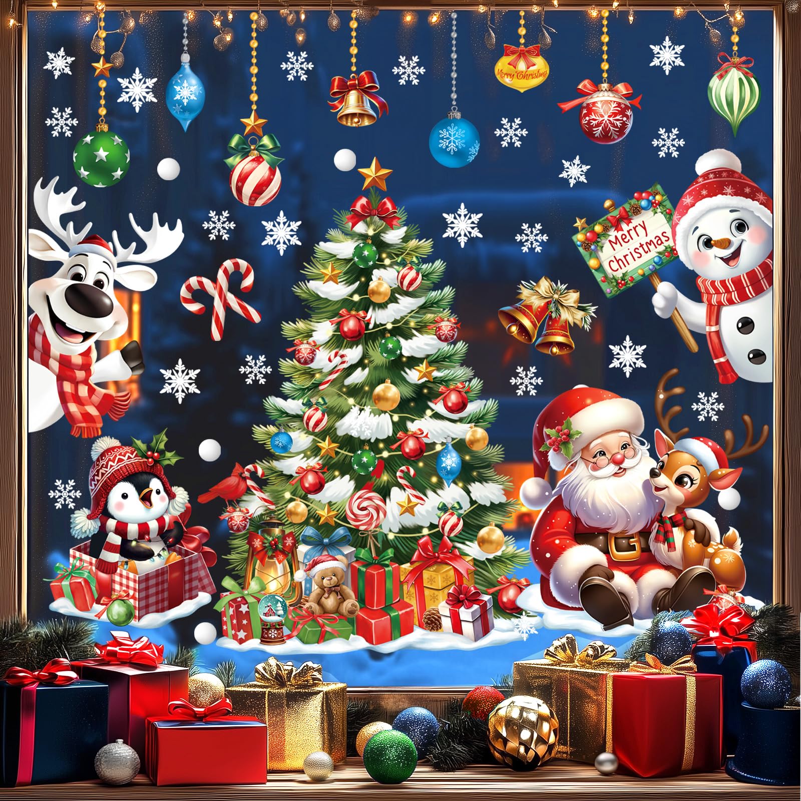 wondever 3D Christmas Tree Santa Claus Window Clings Reindeer Snowman Penguin Glass Sticker Decal Anti Collision Double-Side Static Window Decals for Christmas Party - Image 3