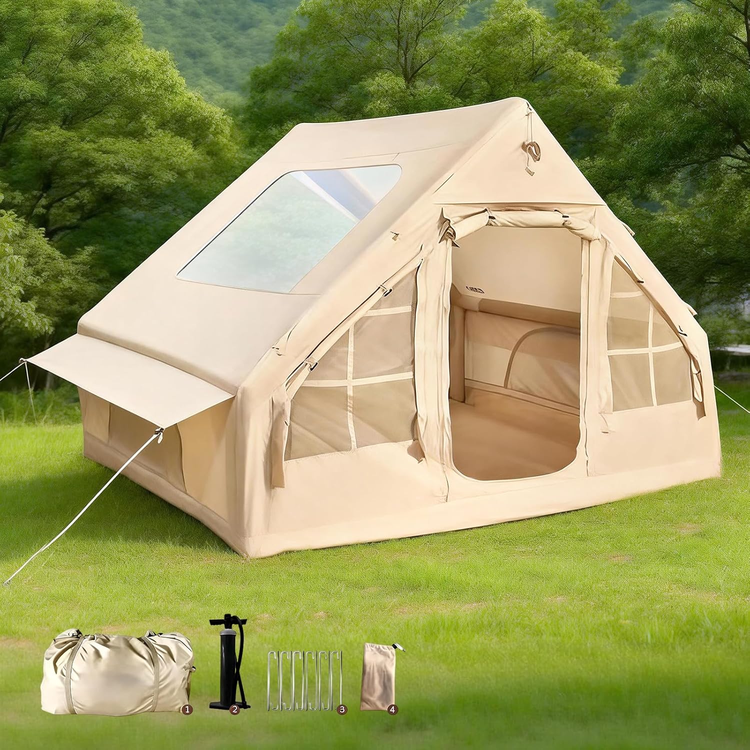 Inflatable Tent with Skylight 3-4 Person Inflatable Camping Tent Quick Setup Blow Up Tents with Pump Waterproof Inflatable House for Camping Beach Festivals