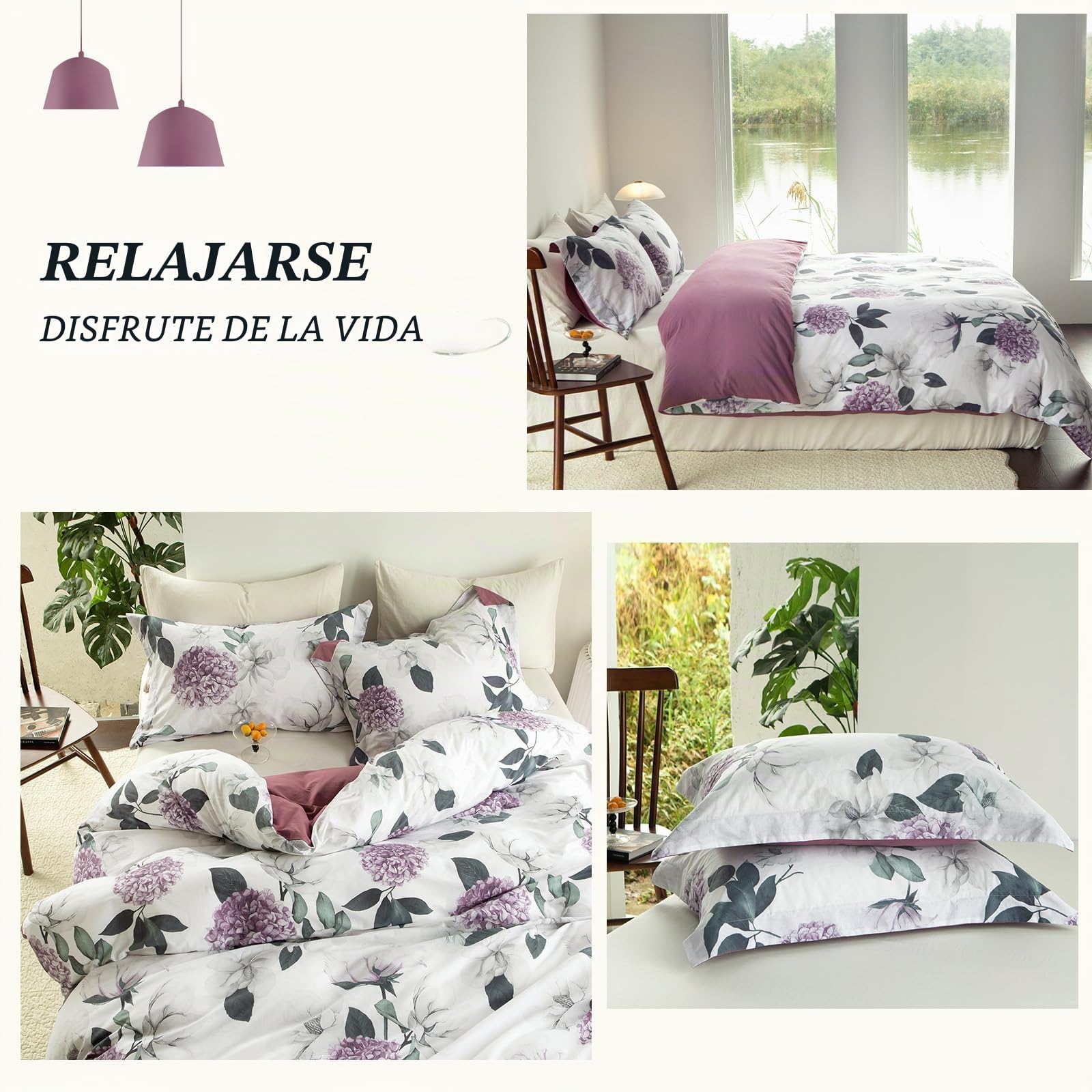 MILDLY Funda de edredón 220x240 de algodón con flores de hortensia violeta, 100% algodón lavado, textura de lino, certificado Oeko-TEX, juego de cama tropical con flores 220x240 de algodón con 2