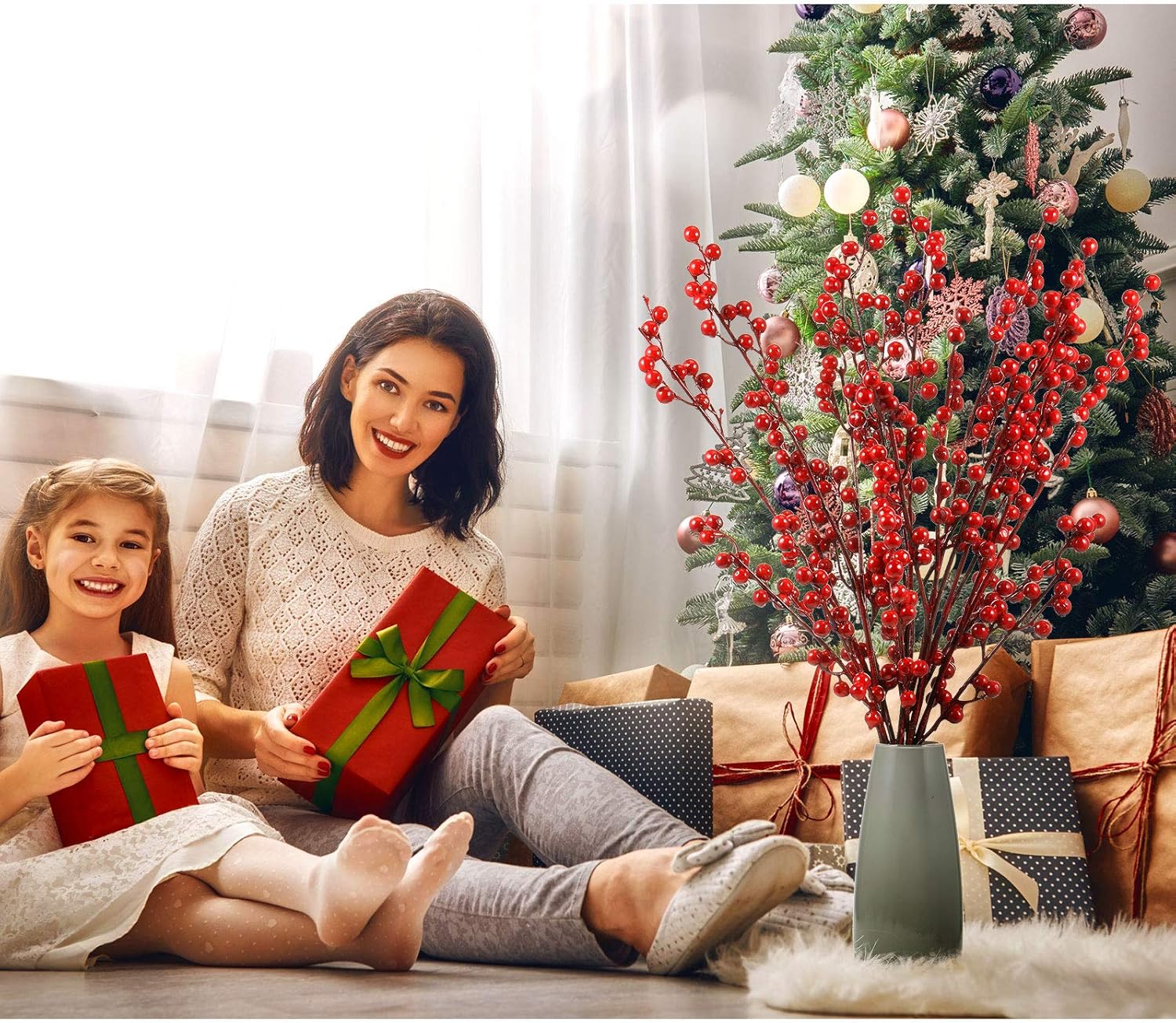 WILLBOND Artificial Red Berry Stems 21.6 Inch Christmas Red Berries Holly Berry Branches for Christmas Tree New Year Decor DIY Craft (Simple Style, 16 Pieces)