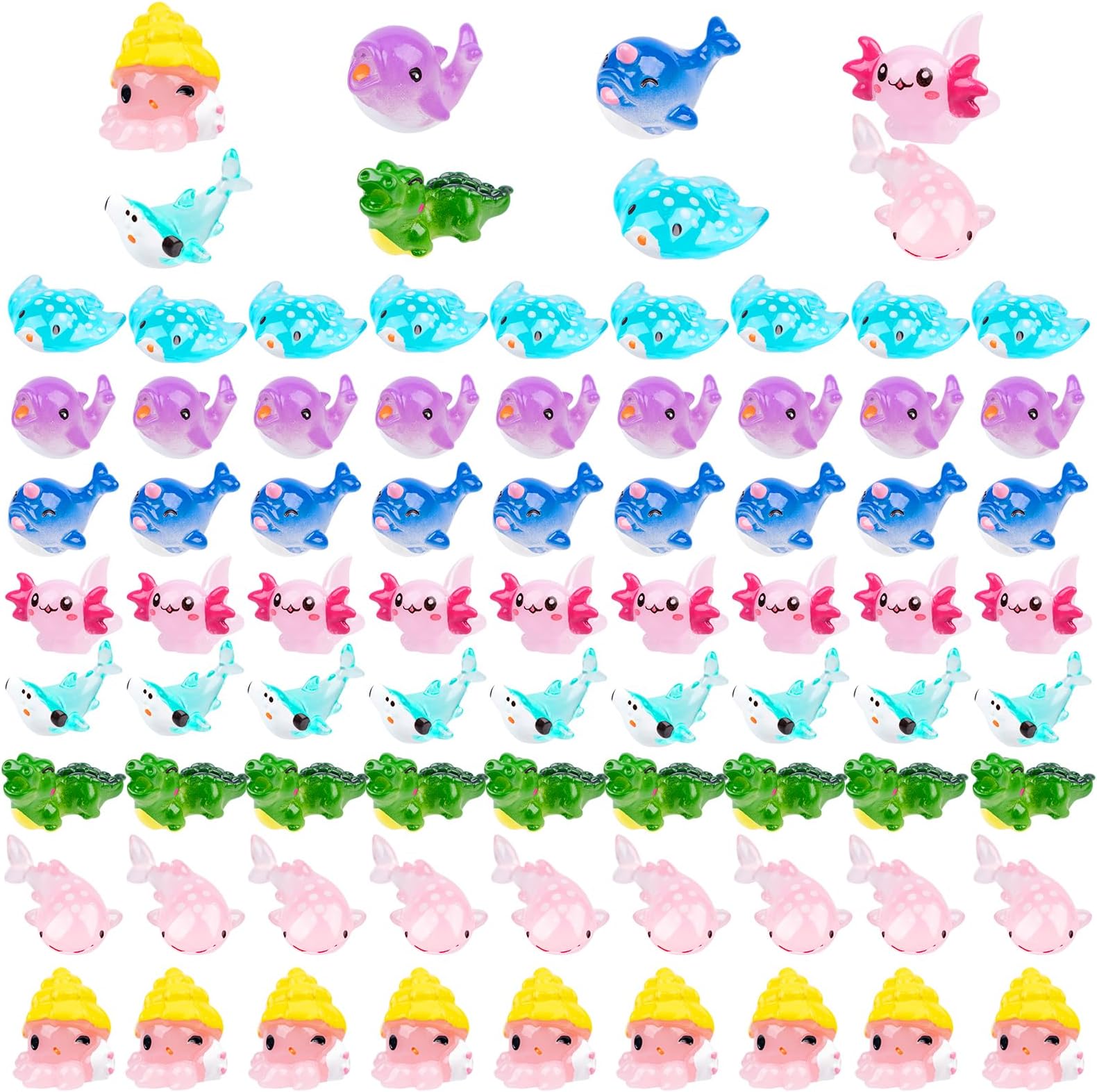 Fantasyon 80 Pcs Mini Resin Tiny Shark Miniature Whale Hexagon Octopus Alligator Narwhal Dolphins Figures Dollhouse Ornament Potted Plants Cake Decoration DIY Craft Charms