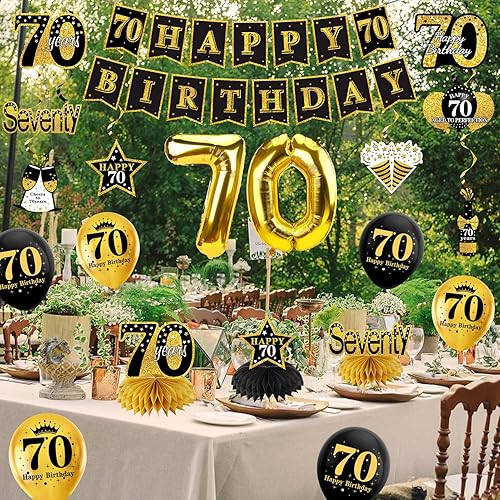 Miniatura 6 de Kit de 36 decoraciones de cumpleaños número 70 para hombres y mujeres, pancarta de feliz cumpleaños número 70, globo de panal de abeja, suministros