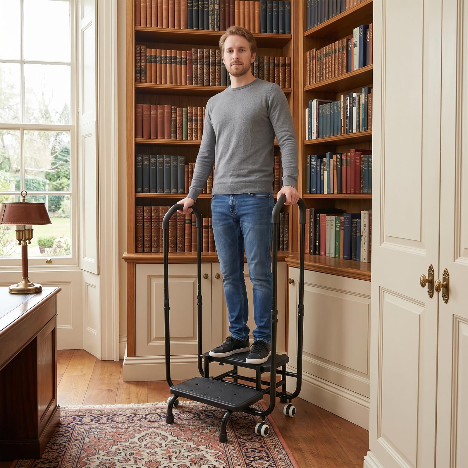 Sgabello con maniglia, 2 livelli, 136 kg, altezza regolabile (nero)