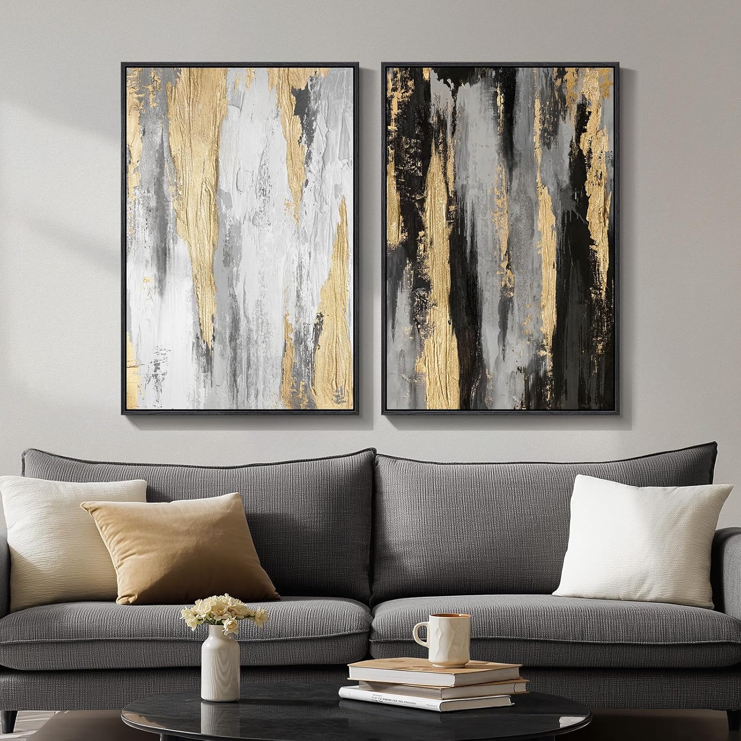 Large Framed Modern Abstract Wall Art Set of 2, Canvas Prints Paintings Artwork for Walls, Black White Grey Gold Pictures Wall Decor for Living Room, Dining Room, Bedroom, and Office 20" W x 30" H x 2Pcs Gilded