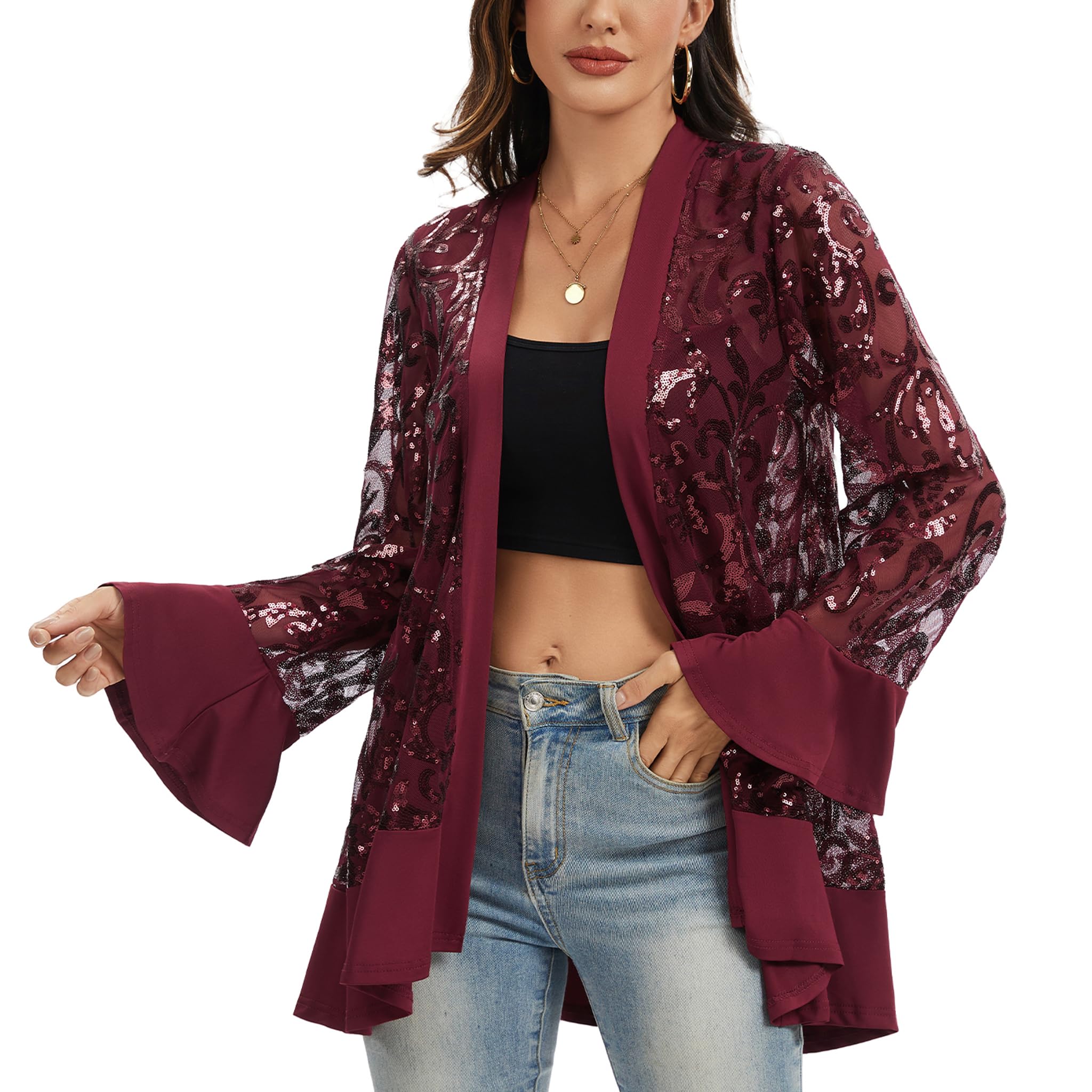Anna-Kaci Womens Sequin Lace Mesh Cardigan Jacket with Open Front Trim for Party Holiday and Evening Wear