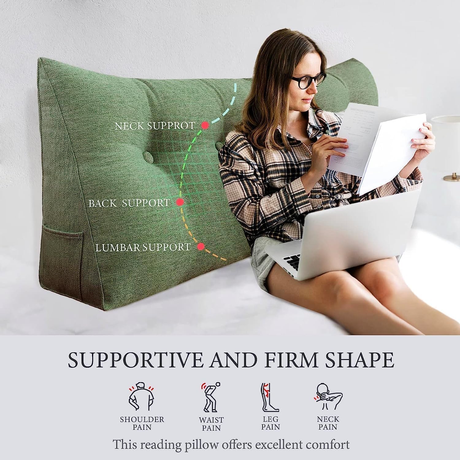 BNCKTRD Headboard Pillow Wedge King Size Large Bolster Pillow for Bed Triangle Reading Pillow Back Support Pillow for Sitting Up in Bed XXL Couch Daybed Bed Rest Backrest Cushion Linen Sage Green