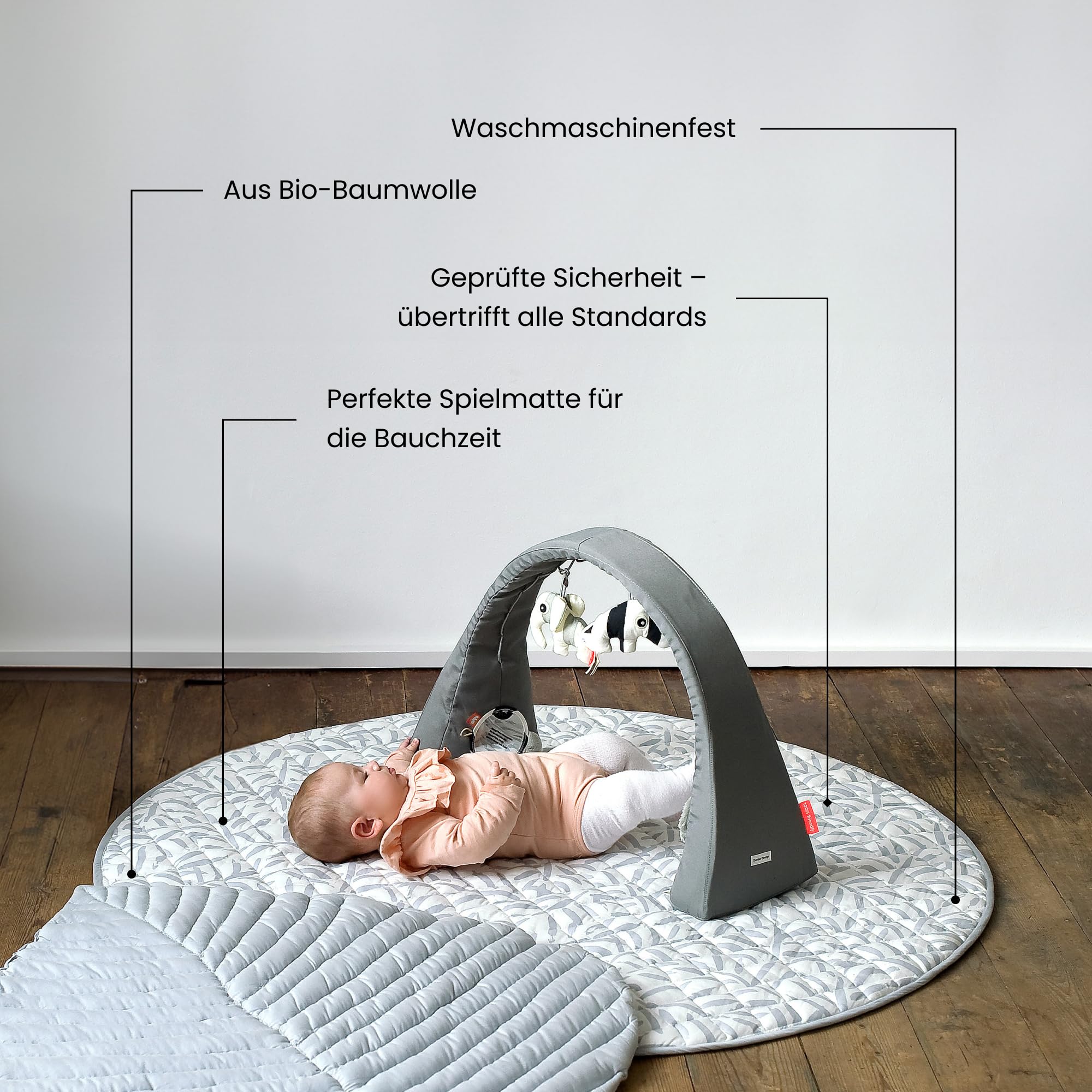 Toddlekind Krabbeldecke für Babys, Blattmuster, handgenäht, Baby-Spielmatte aus Bio-Baumwolle, 125 cm, Stone/Grau