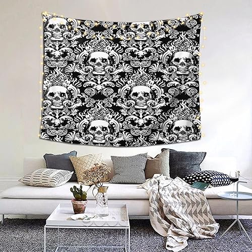 Miniatura 2 de Tapiz de damasco de calavera gótica victoriana negra, tapiz decorativo de pared, tapiz decorativo para el hogar, sala de estar, dormitorio