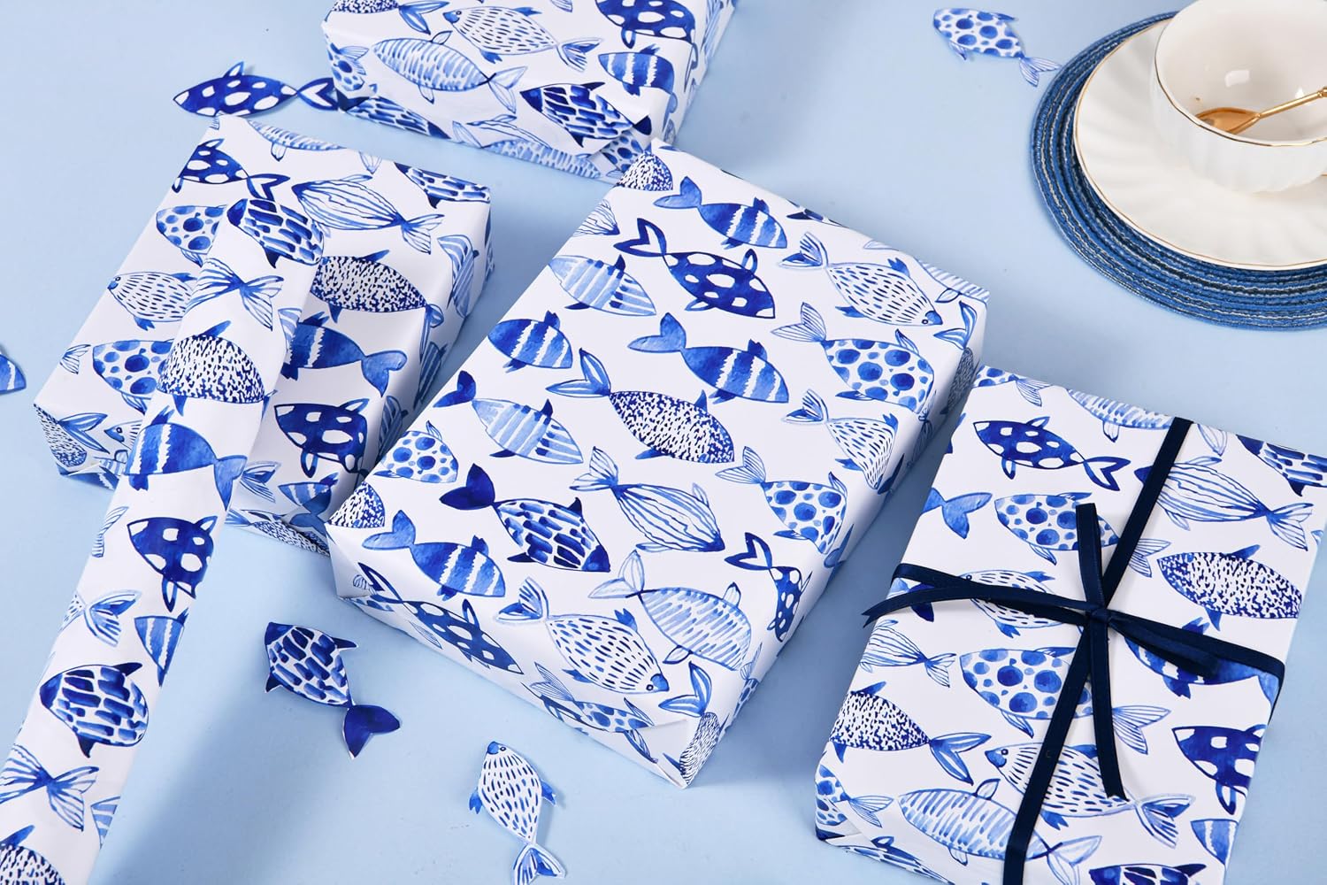 Sikiweiter Blue Fish Wrapping Paper - 17" x 33 Feet - Watercolor Marine Ocean Sea Life Print Gift Wrap image 3