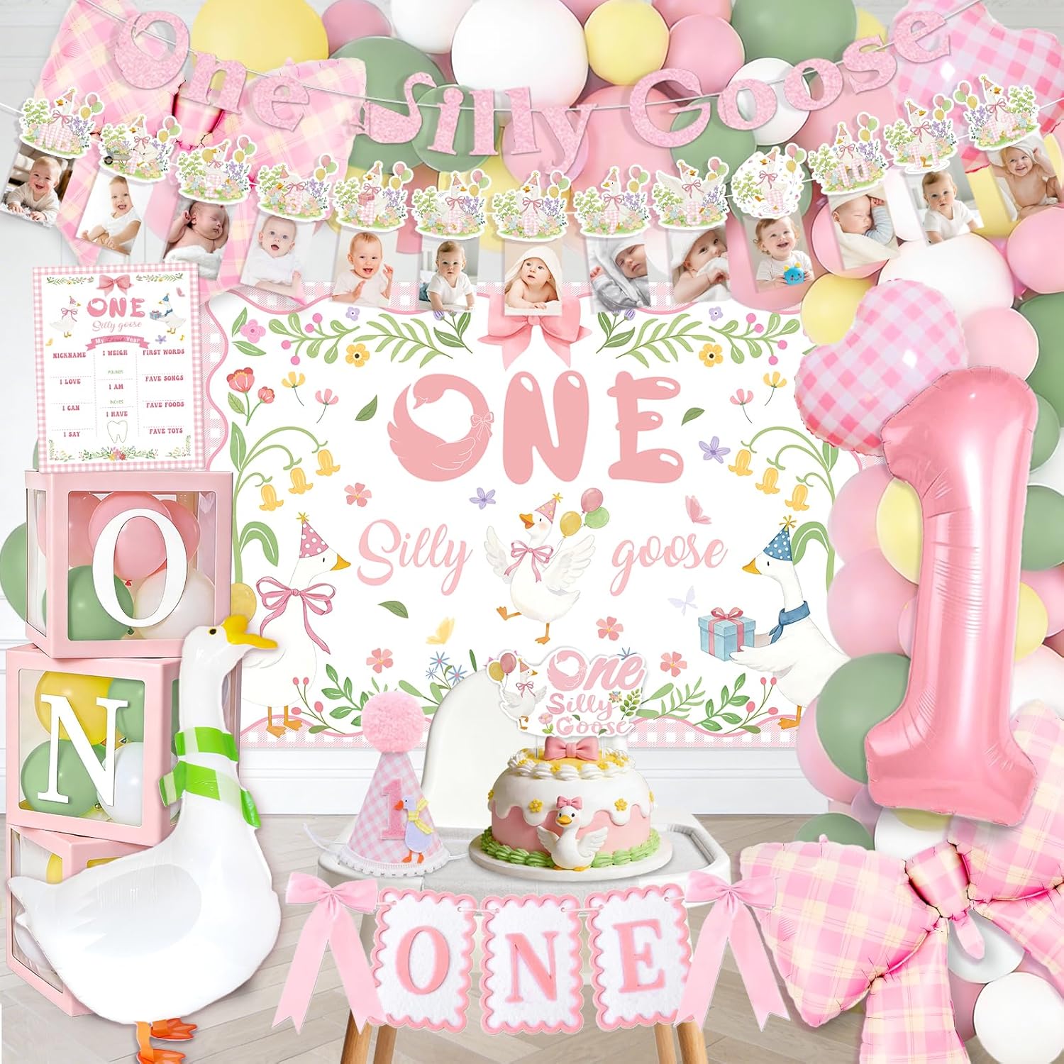 128 pcs One Silly Goose Birthday Decor Girl, Pink 1st Birthday Decorations Girl, Photo Banner Balloons Poster Hat High Chair Banner Cake Topper Boxes Goose Backdrop for Kids Birthday Party Supplies