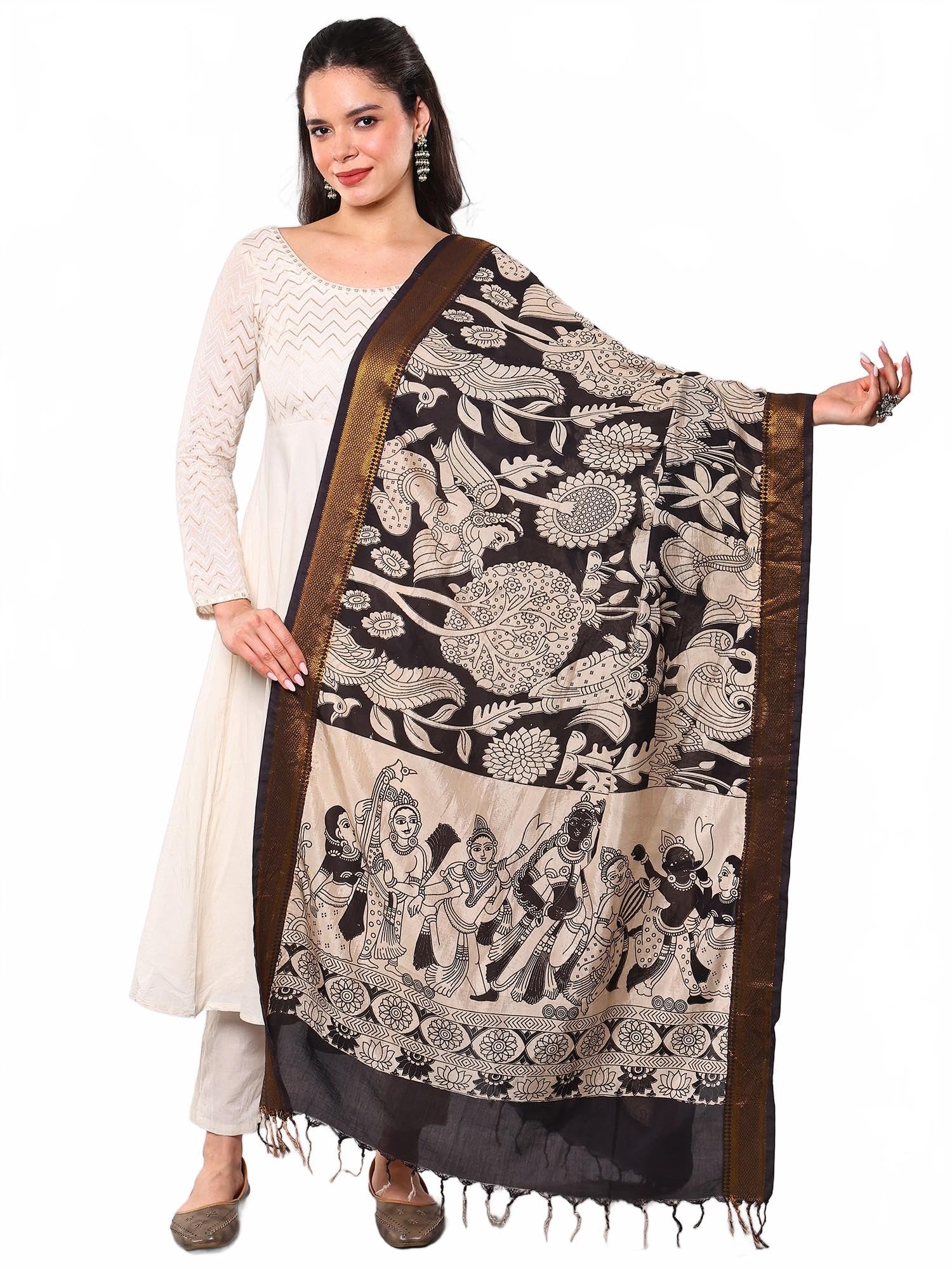 exotic india Traditional Kalamkari Dupatta with Angel and Musical Ensemble Print Zari Border Ethnic Wear for Women's-picture-56