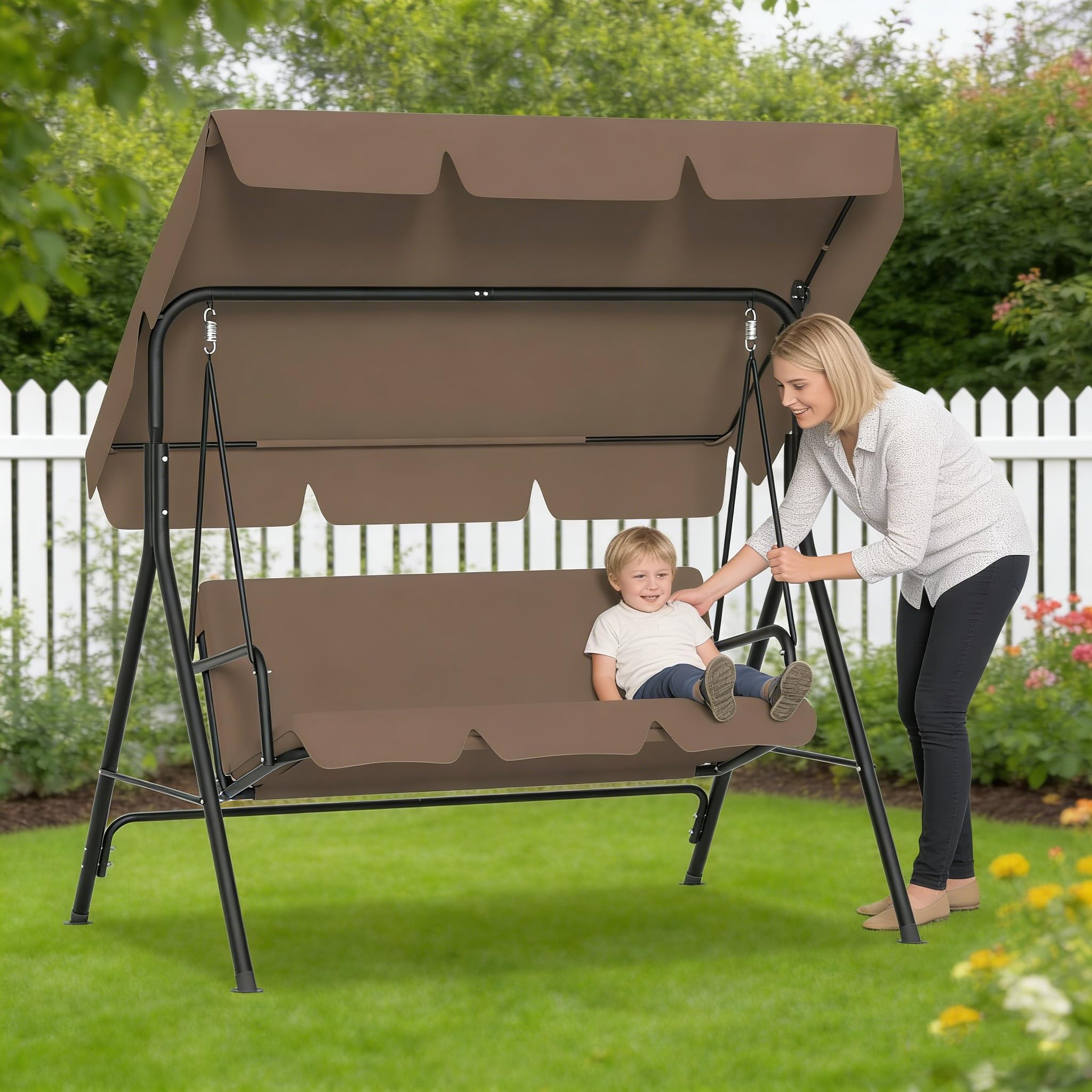 176x110x152cm Hollywoodschaukeln mit Sonnendach & Sitzauflage & Stahl Rahmen, 3-Sitzer Garten Schaukelbank belast bis 200KG, Schaukelbank Gartenliege für Outdoor & Indoor (Braun)