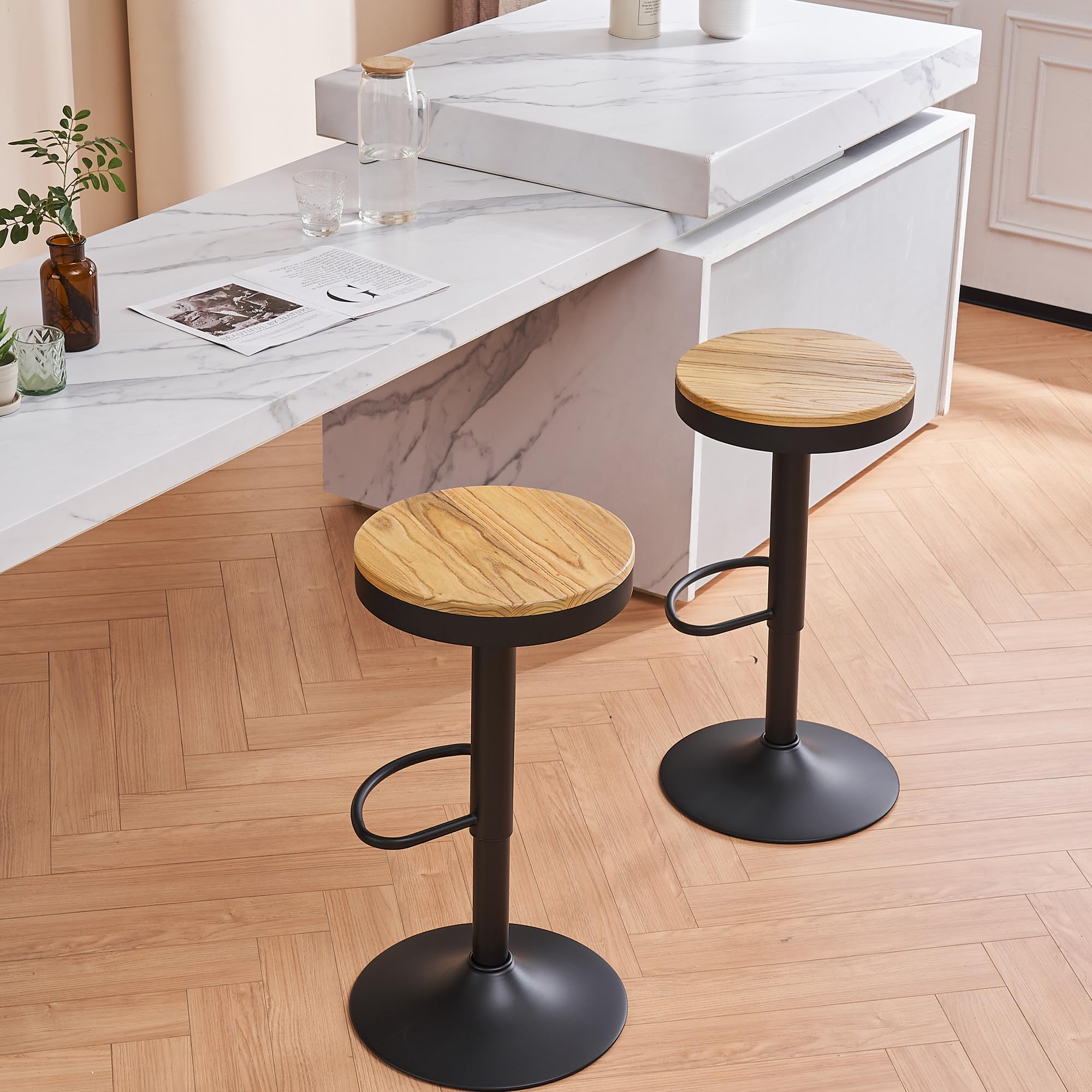 Kidol & Shellder Bar Stools Dining Room Chairs Set of 2 Black Wooden Stools Height Adjustable 360° Rotatable Bar Stools Made of Wood and Metal for Home, Kitchen, Counter, Bistro