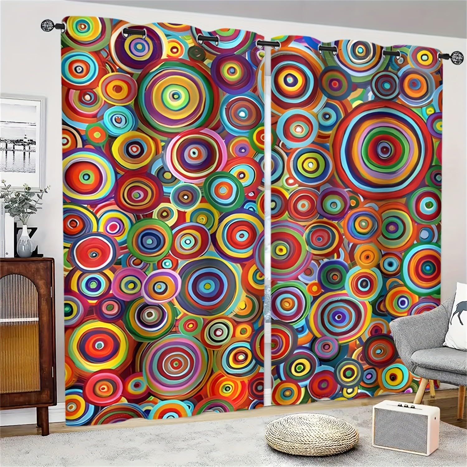 Lot de 2 Rideaux Cercles Concentriques Arc-en-Ciel Pop Art 280L X 220H Cm Rideau Occultant Thermiques Isolant Anti, Applicable à Rideaux Chambre Et Salon, Rideau Cuisine, Abstrait Coloré Style-AB65