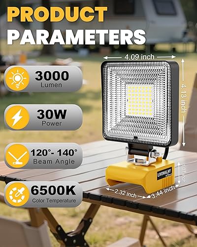 Vista 76 de LIVOWALNY Luz de trabajo LED compatible con batería Dewalt de 20 V, linterna inalámbrica de 38 W 3800 LM, herramientas de 20 V, reflector portátil