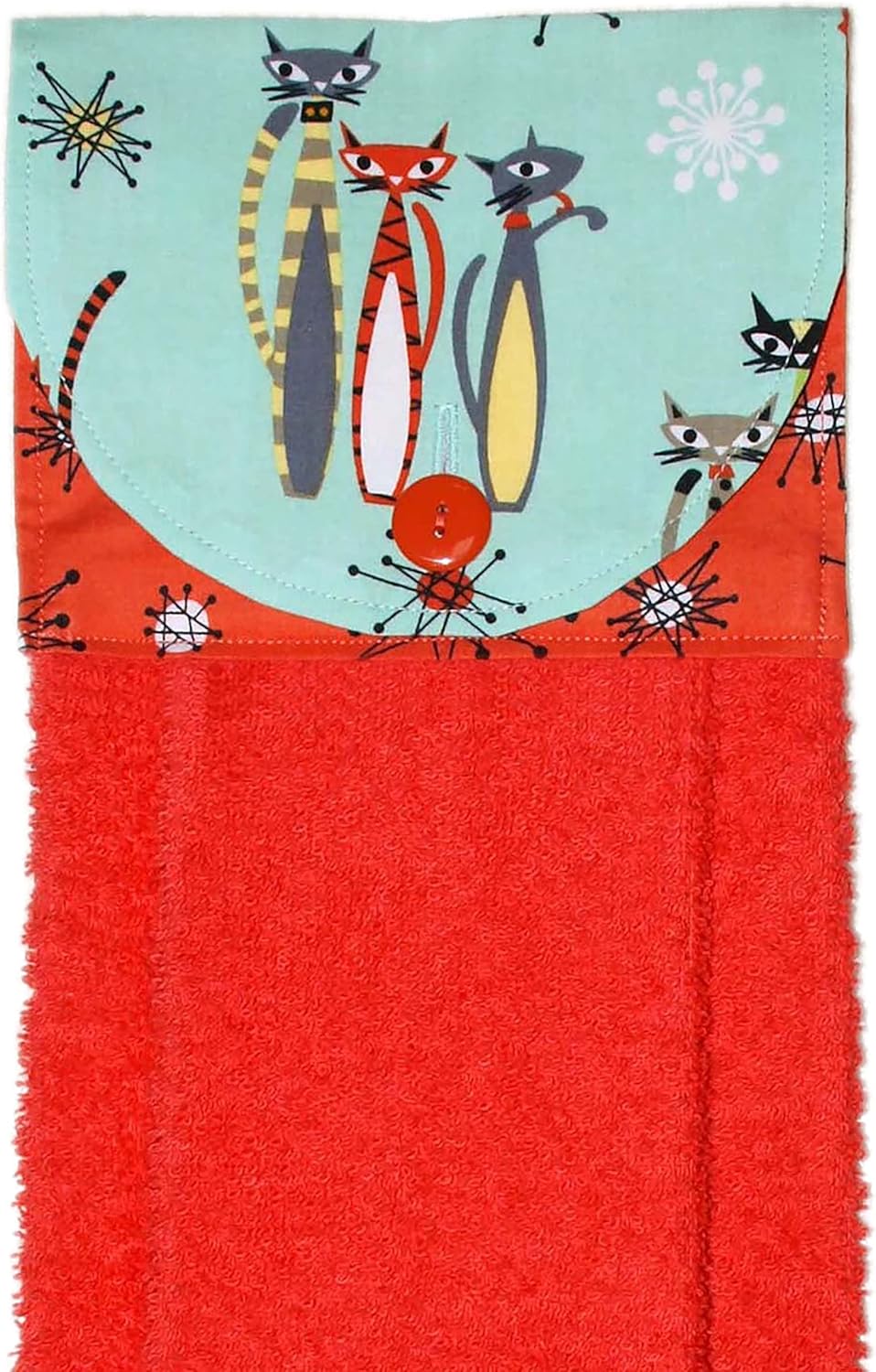 Hanging Hand Towel - Mod Cats On Aqua with Coral Starburst Accent Fabric - Plush Coral Kitchen Towel - Handmade