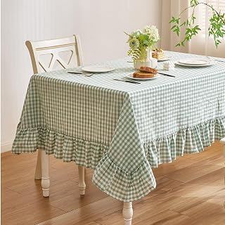 Deep Dream Gingham Ruffled Table Cloth 60 x 84 Inches, 100% Cotton Rectangular Farmhouse Checker Plaid Vintage Decorative Tablecloth for Picnic Kitchen Dining Room Home Party, Sage Green