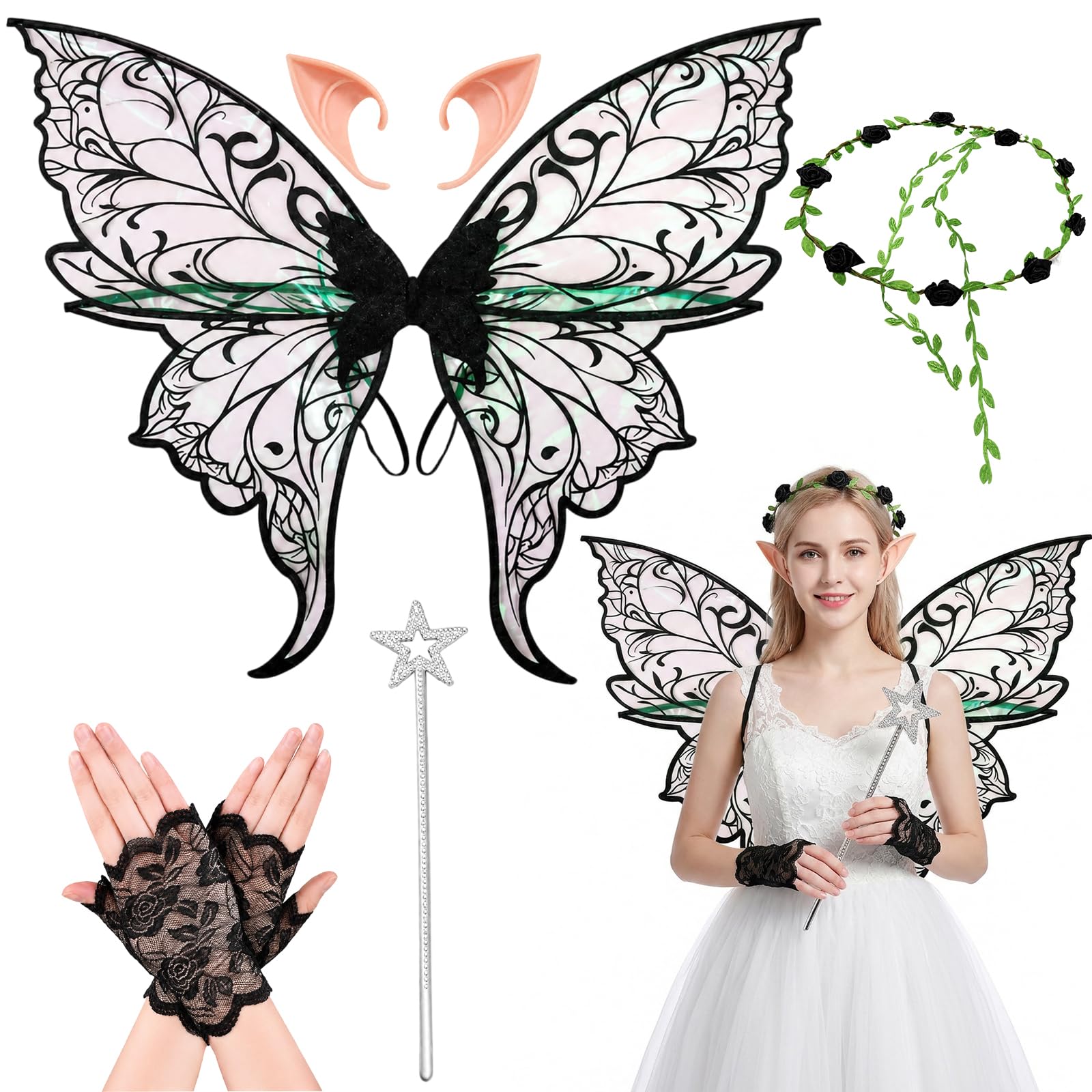 Fairy Wings, Halloween Costumes Adult Women, 5 PCS Fairy Wings Adult Set with Black Wings Elf Ears Flower Headband Magic Wand and White Gloves, for Attending Halloweens & Parties Use by Those Aged 15+