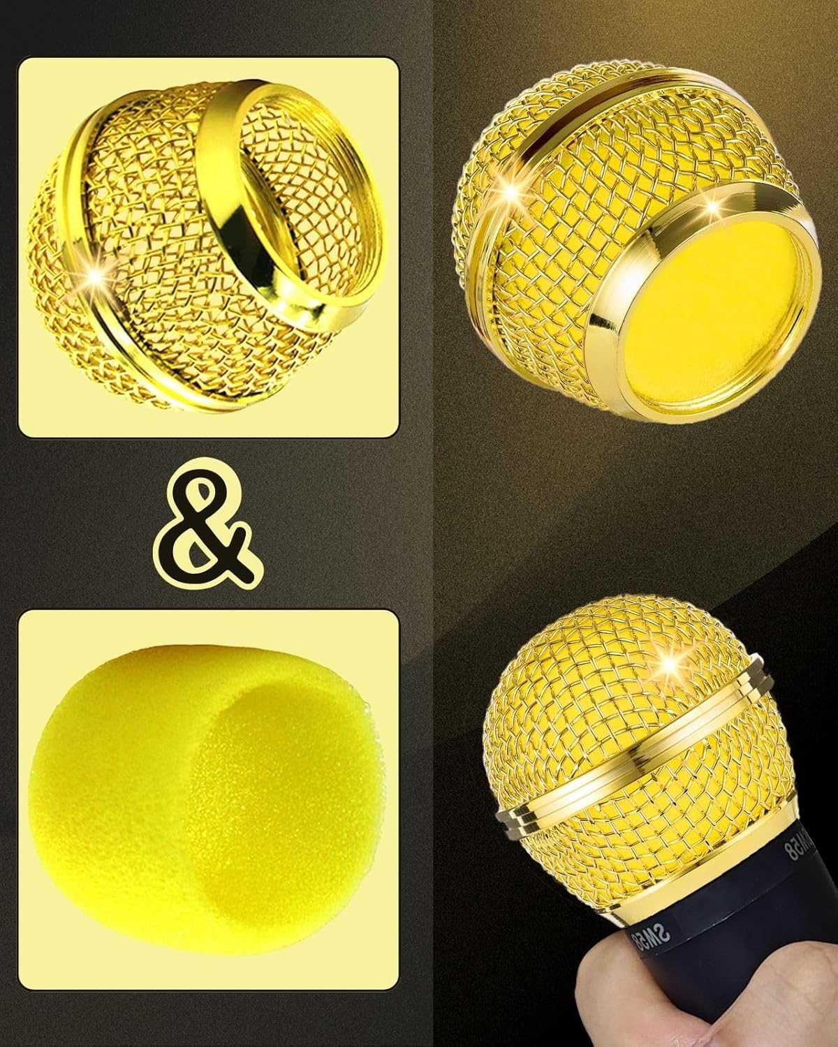 RhymKawa Bling Gold マイクカバー Shuer SM58、SM48 有線およびワイヤレスマイクカートリッジボールメ